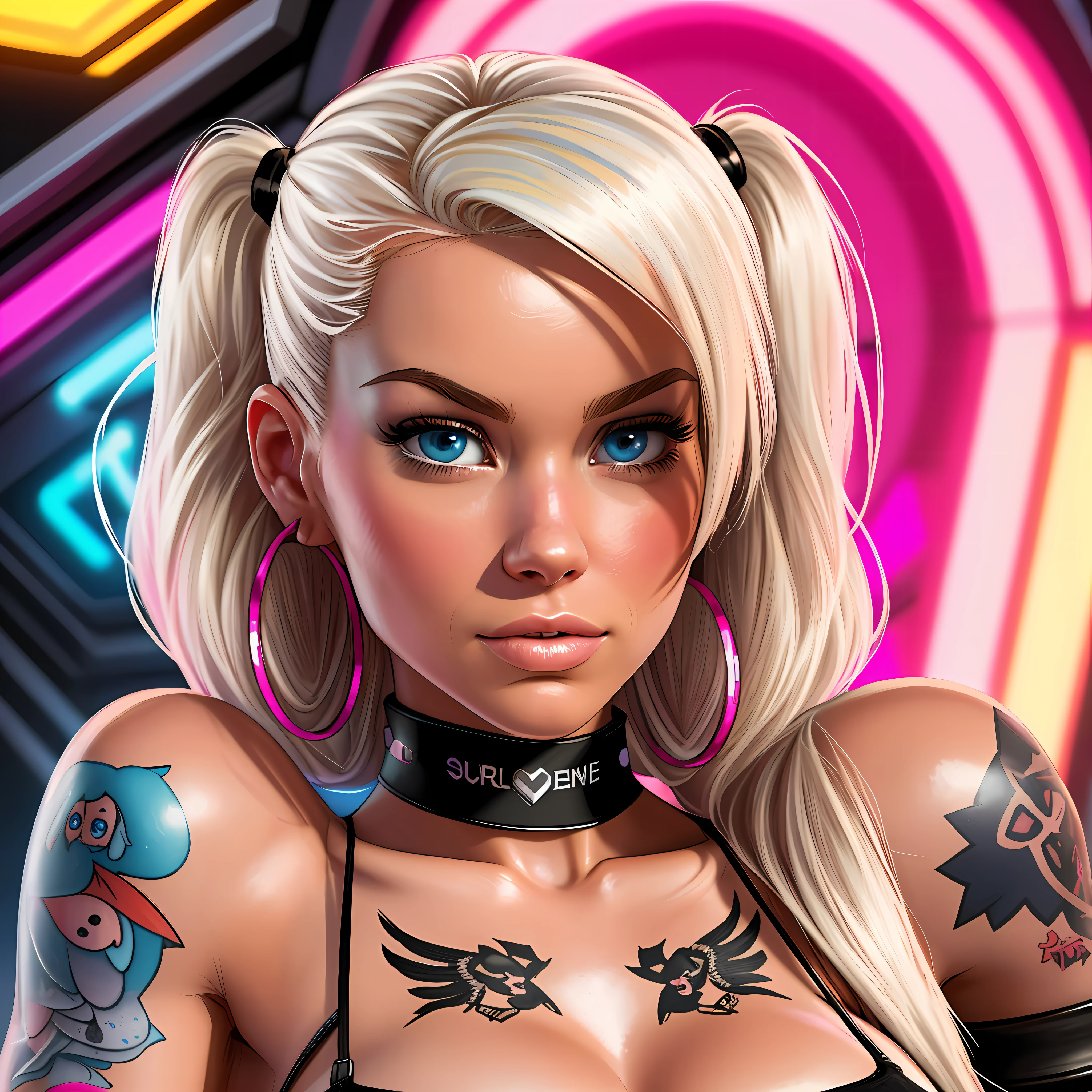(thepit bimbo:1.2)), Barbie doll, blue eyes, tattooed and pierced, tattoo artist, hoop earrings, detailed, skin texture, hair at back height, blonde hair, beestung lips, symmetrical, centered, closeup, upper body, neckline focus, collar, mini jacket, looking at the client, getting the tattoo, knee socks, inside the tattoo studio, 8k, highly detailed, bright, [Nina Dobrev|Emma Stone], photo-realistic, cyberpunk. sulk