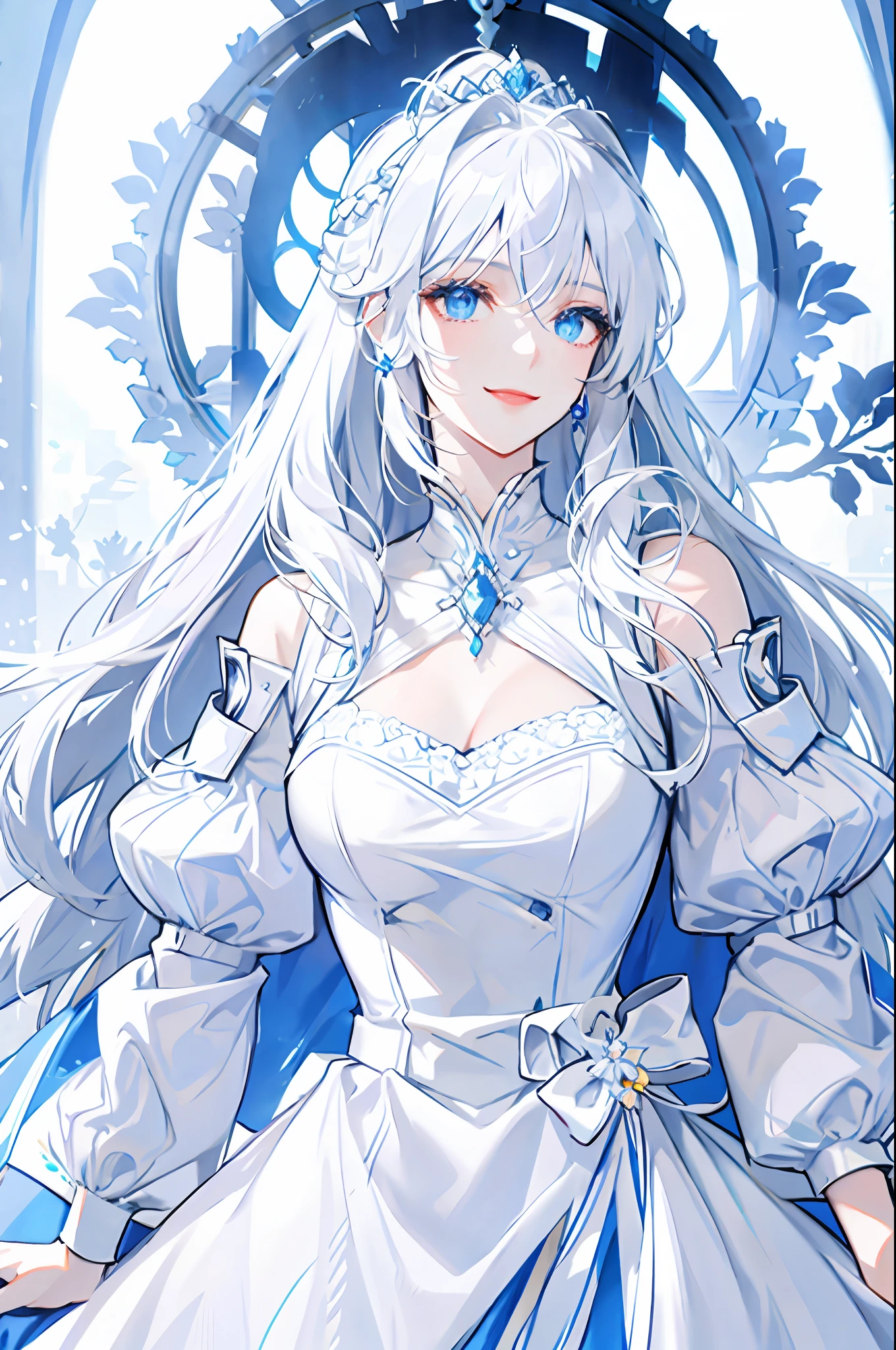 White hair, light blue eyes, woman in white dress, smile, detailed face, high quality, royalty, noble princess, elegant and pure