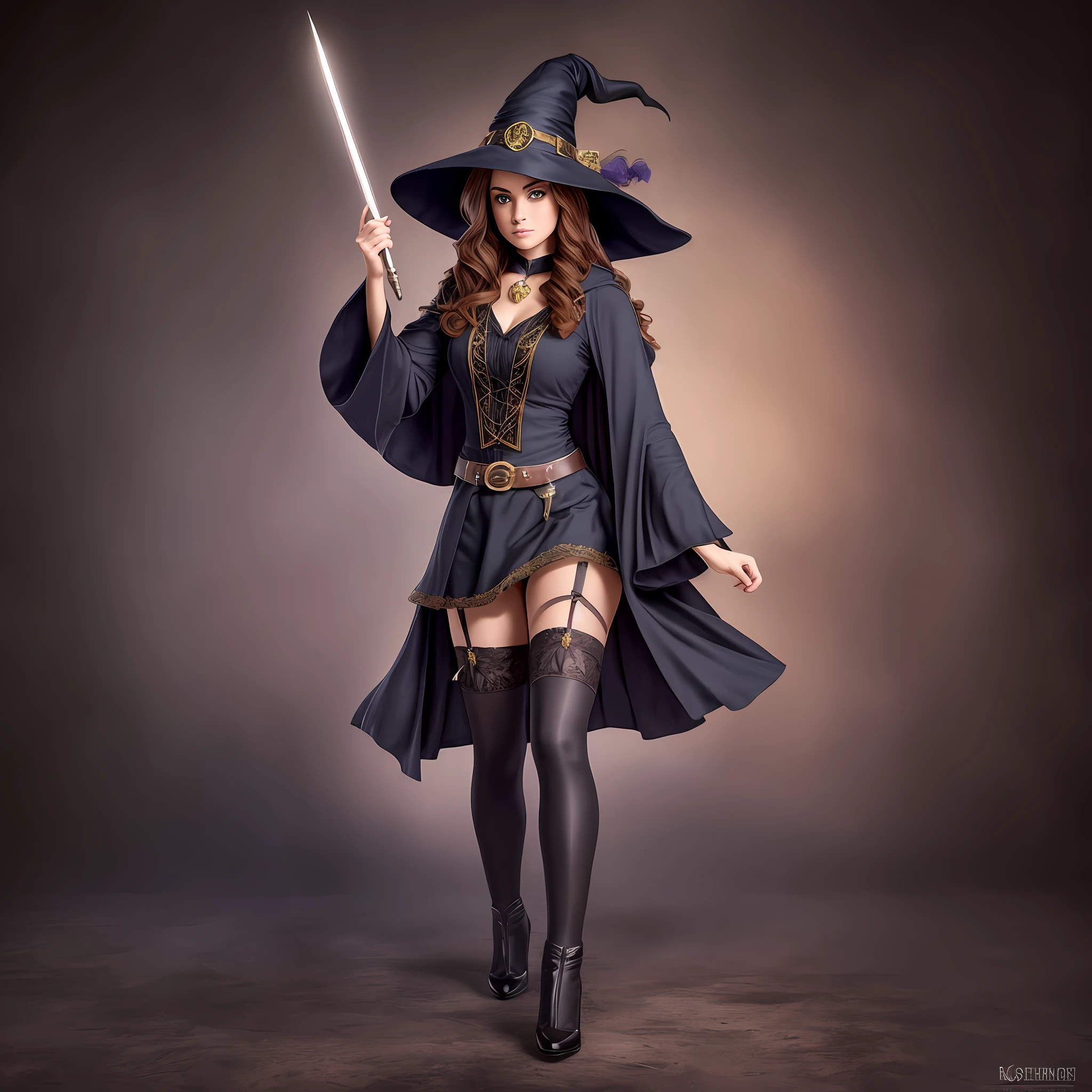 Solo, full body photo, a beautiful witch, based on harry potter, hogwarts outfit, short clothes, beautiful body, realistic, 8k, best definition in the world, best quality, model face, wand in hand
