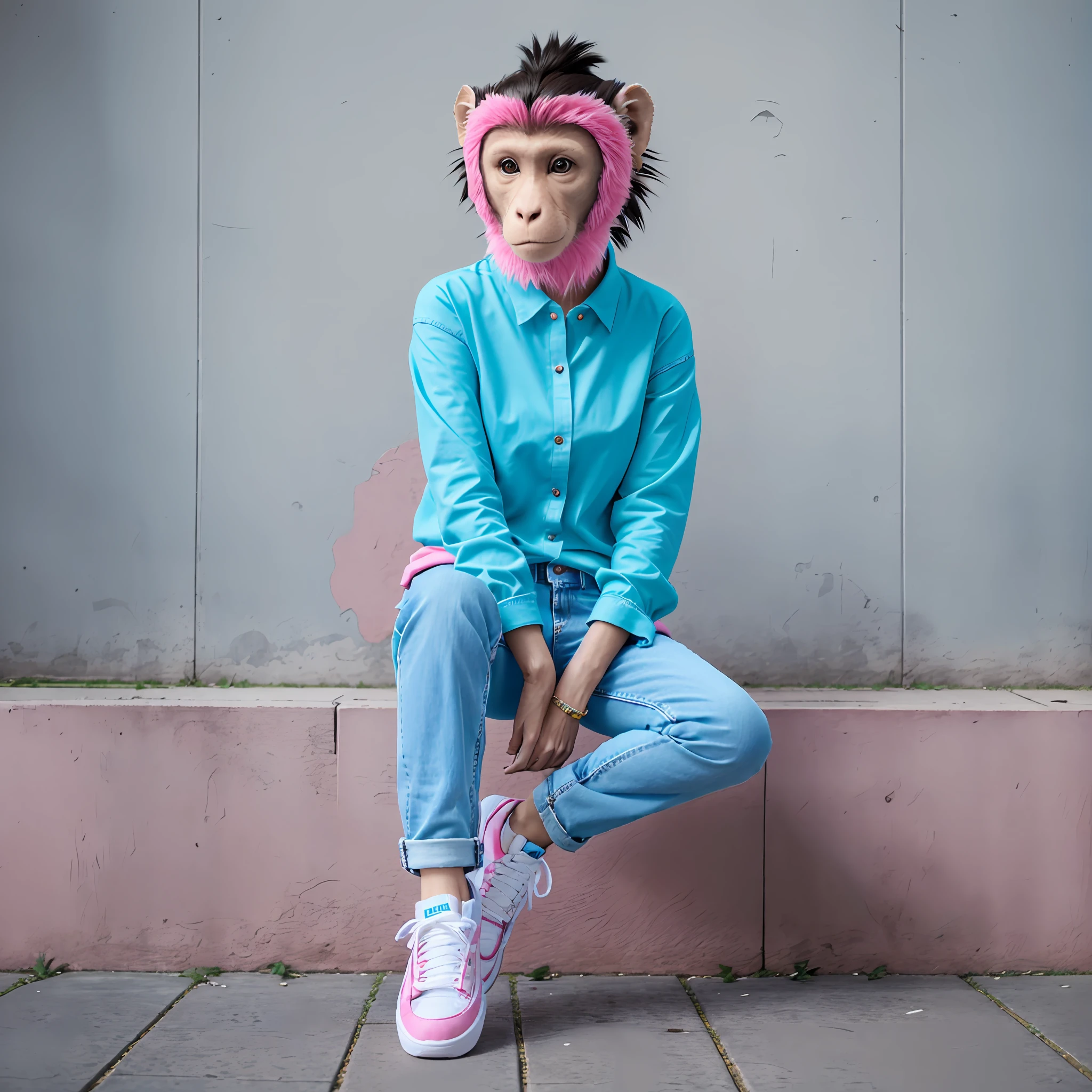Stylish full-body 3d monkey with turquoise blue blouse with pink accents and jeans with white sneakers --auto --s2
