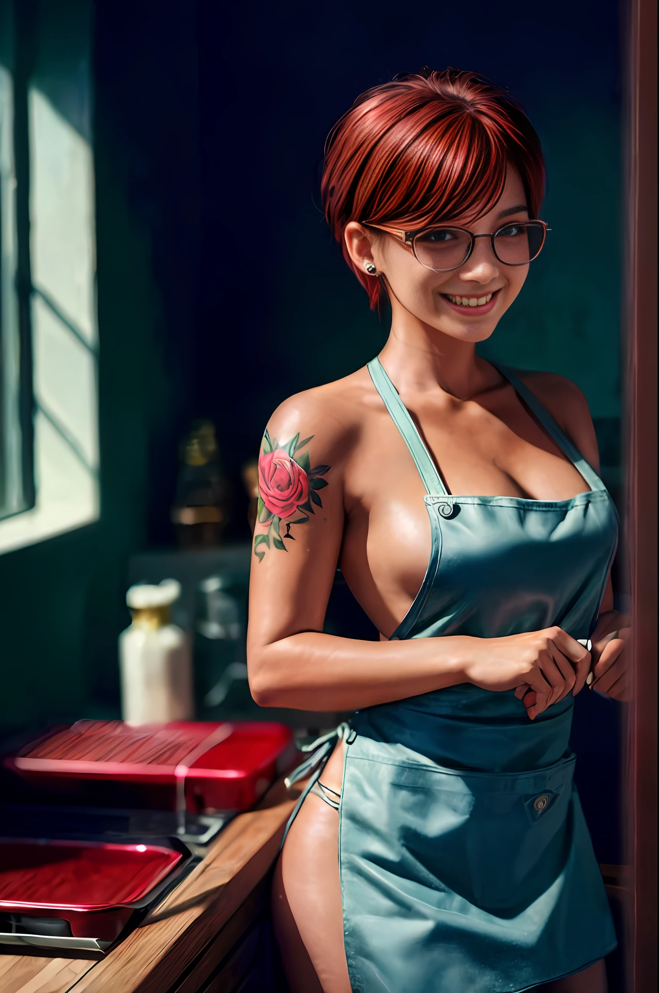 Masterpiece, best quality, hi-res photorealistic, high detailed skin,(real skin), small tatoo in arm, noBeautiful 25yo female wearing naked apron, red leather apron, thin black-frame glasses, short red hair, white teeth smile happy face, sweaty:1.2,medium breasted, cooking in the kitchen, warm lightning, deep shadow, beautiful photography