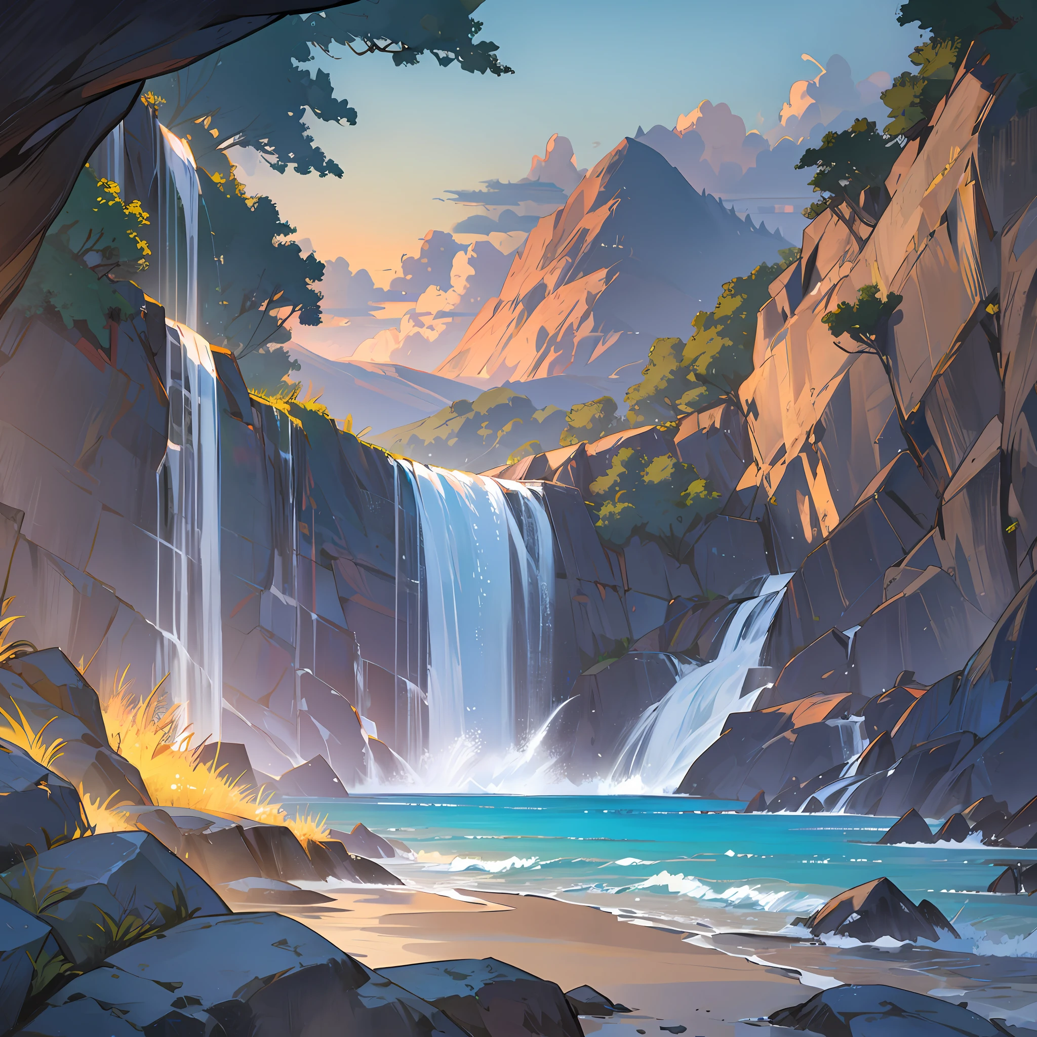 summer waterfall beach evening landscape