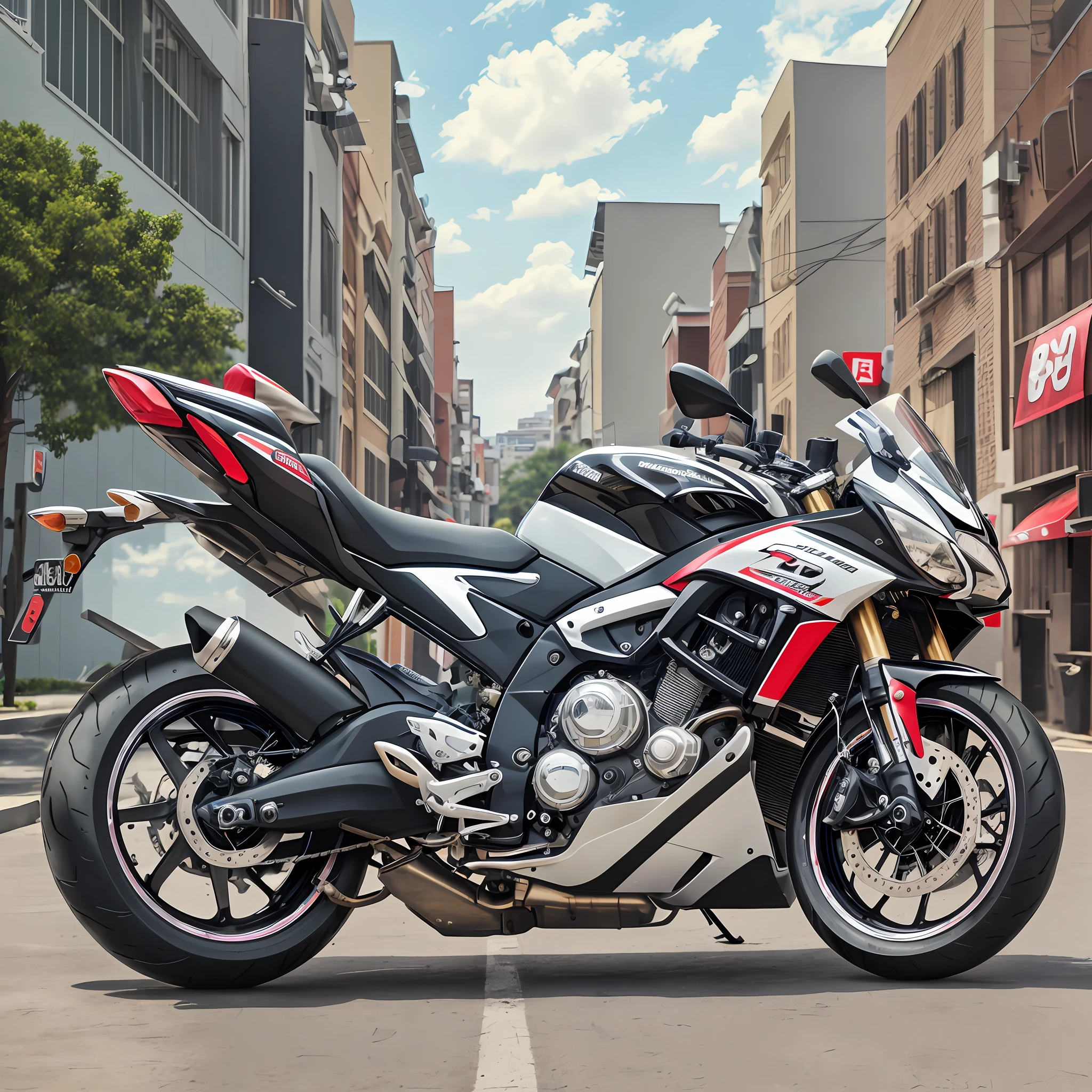 arafed motorcycle parked in a parking lot in front of a building, triumph, yoshimura exhaust, kawasaki, r6, motorcycle, fotografia, a wide full shot, high res, motorcycles, touring, by david rubín, photoshot, with sleek lines and a powerful, motorbike, one motorbike in center of frame, cover shot, vibrant and dynamic --auto --s2