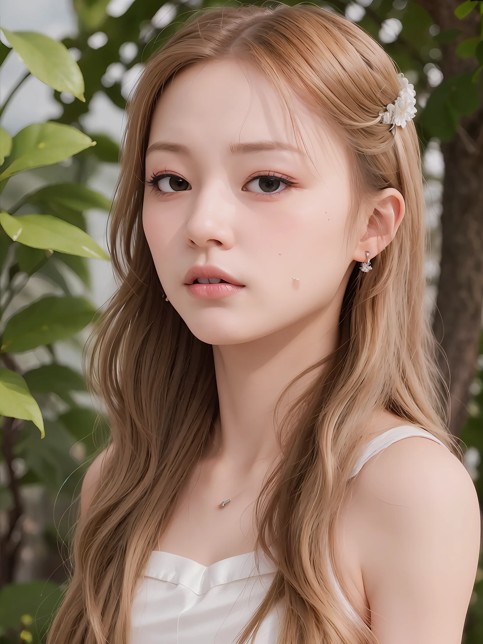 (photorealistic:1.2), realistic, 8k, raw photo, Fujifilm, tzu, (detailed face:1.0), highres, (upper body:1.2), realistic eyes, perfect skin, white skin, moist lips, soft lighting, (long hair:1.2), windy, cloud, sunlight, elegant, rich, dress, tiara, long sleeves, skirt, looking at viewers, (closed mouth:1.1),