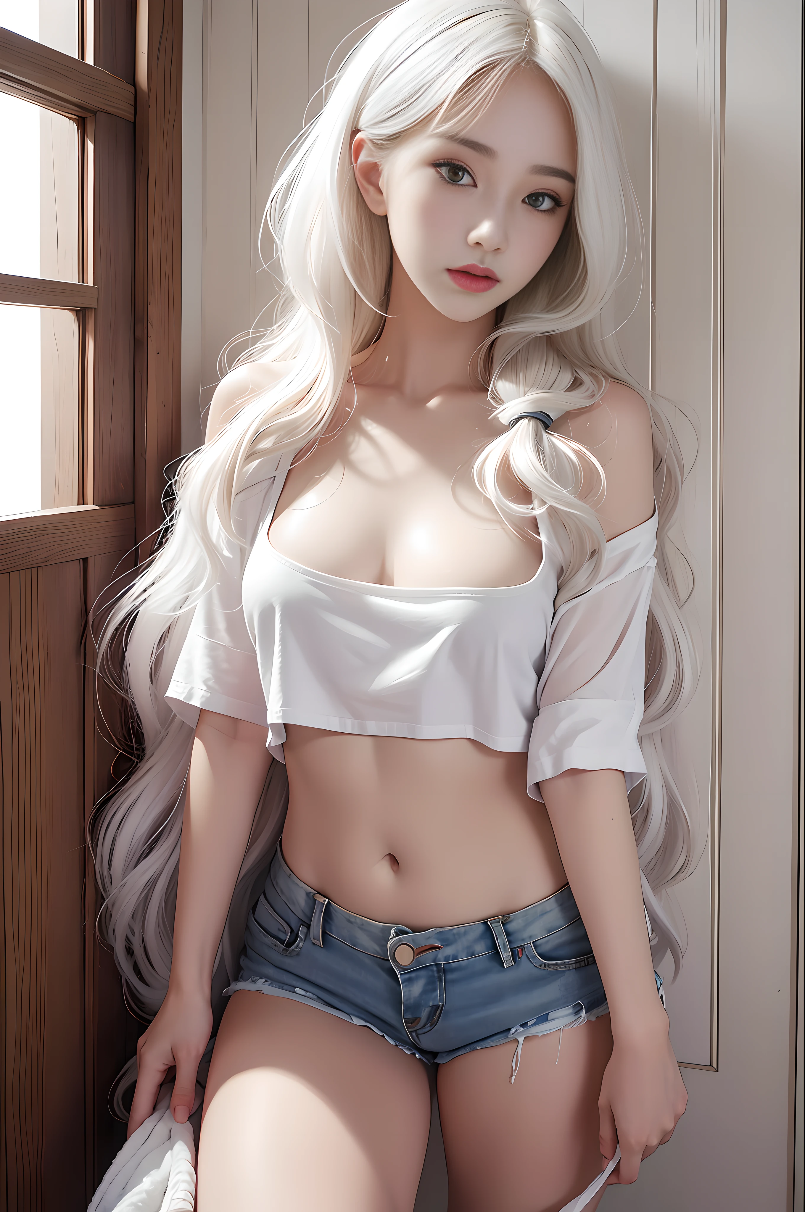 Realistic, High resolution, 1 girl, ((full body photo)), white wavy hair, Korean, heterochromic eyes, small moles under the eyes, loose white shirt, skinny denim shorts, medium bust, thighs, panties visible