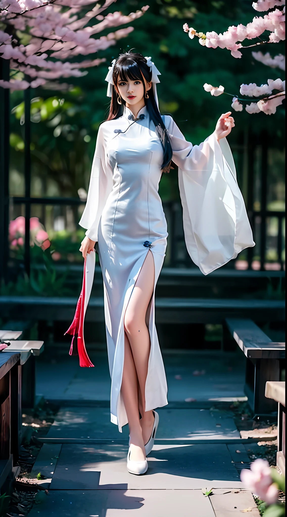 There is a girl in a white dress, plum blossoms, palace, oriental architecture ray tracing, {best quality}, { {masterpiece}}, extremely detailed 8K wallpaper, {an extremely delicate and beautiful}, colorful, intricate details, realism, realism, camera quality, (meticulously portrayed clothes), cold white leather, (meticulously portrayed blush), 1080p, sun, soft cute, smooth light silver hair, messy beauty, lighting, shattered, skin shiny and silky, 3D stereoscopic, masterpiece, best quality, Illustration super fine, beautiful eyes, very delicate light, fine luminescence, very fine 8K CG wallpaper, peach blossom eyes, red pupils, an extremely delicate beautiful girl, 8k wallpaper, best quality, full body close-up, luxurious silky bright red chiffon flood (illusion, glitter, ultra-thin, soft,) Hanfu