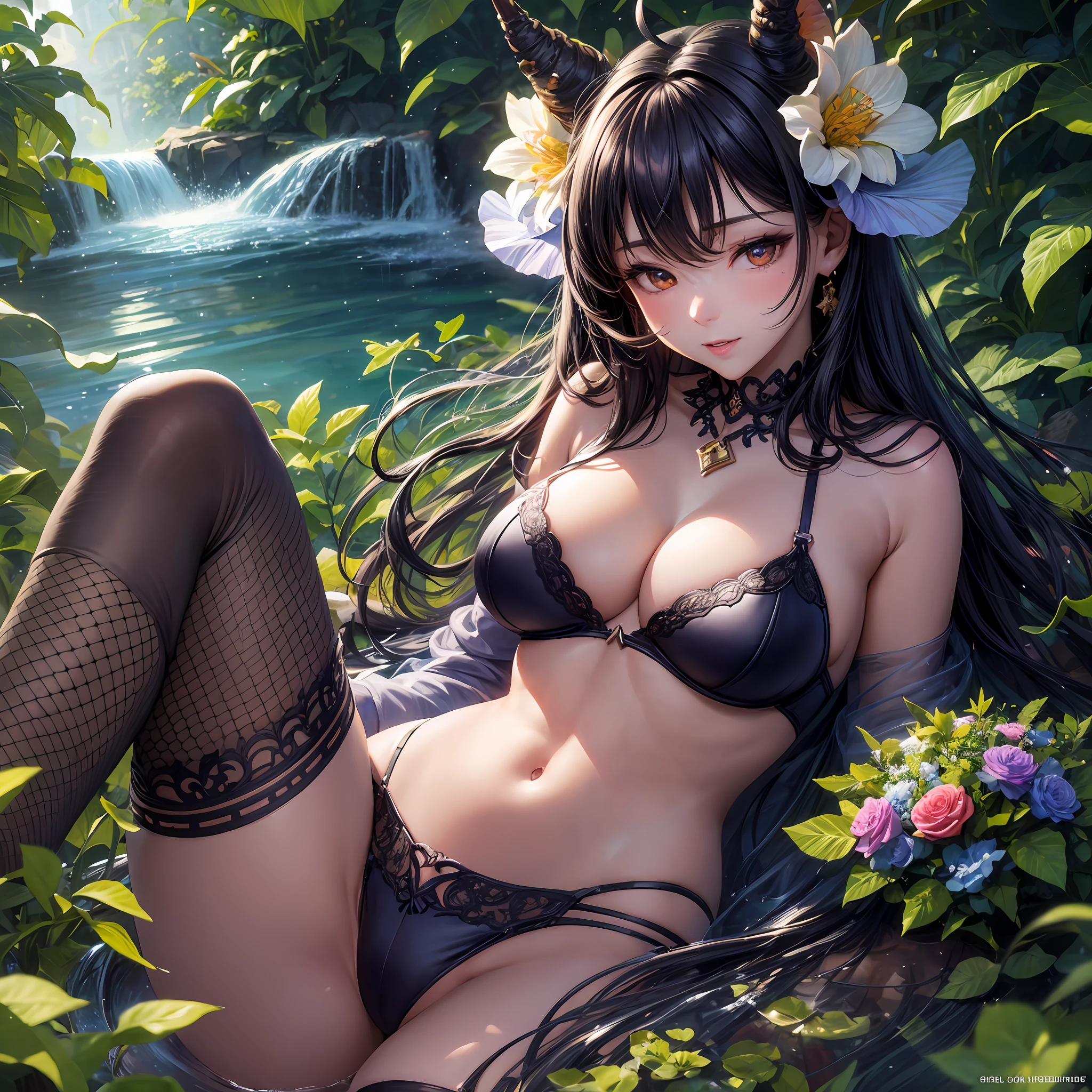 (extremely cute and delicate CG illustration, ultra-detailed and ultra-high quality), best illumination, best shadow, an extremely cute and adorable cu73cre4ture (agama), small horns on its head, vibrant and vivid colors, fishnet stockings, look through wet bra and pantie ,spread legs, floating, in a magical and enchanting place, with lush vegetation and vibrant flowers, oily skin,big breasts, thighs, face, long black hair, beautiful Korean girl, realistic. --auto --s2