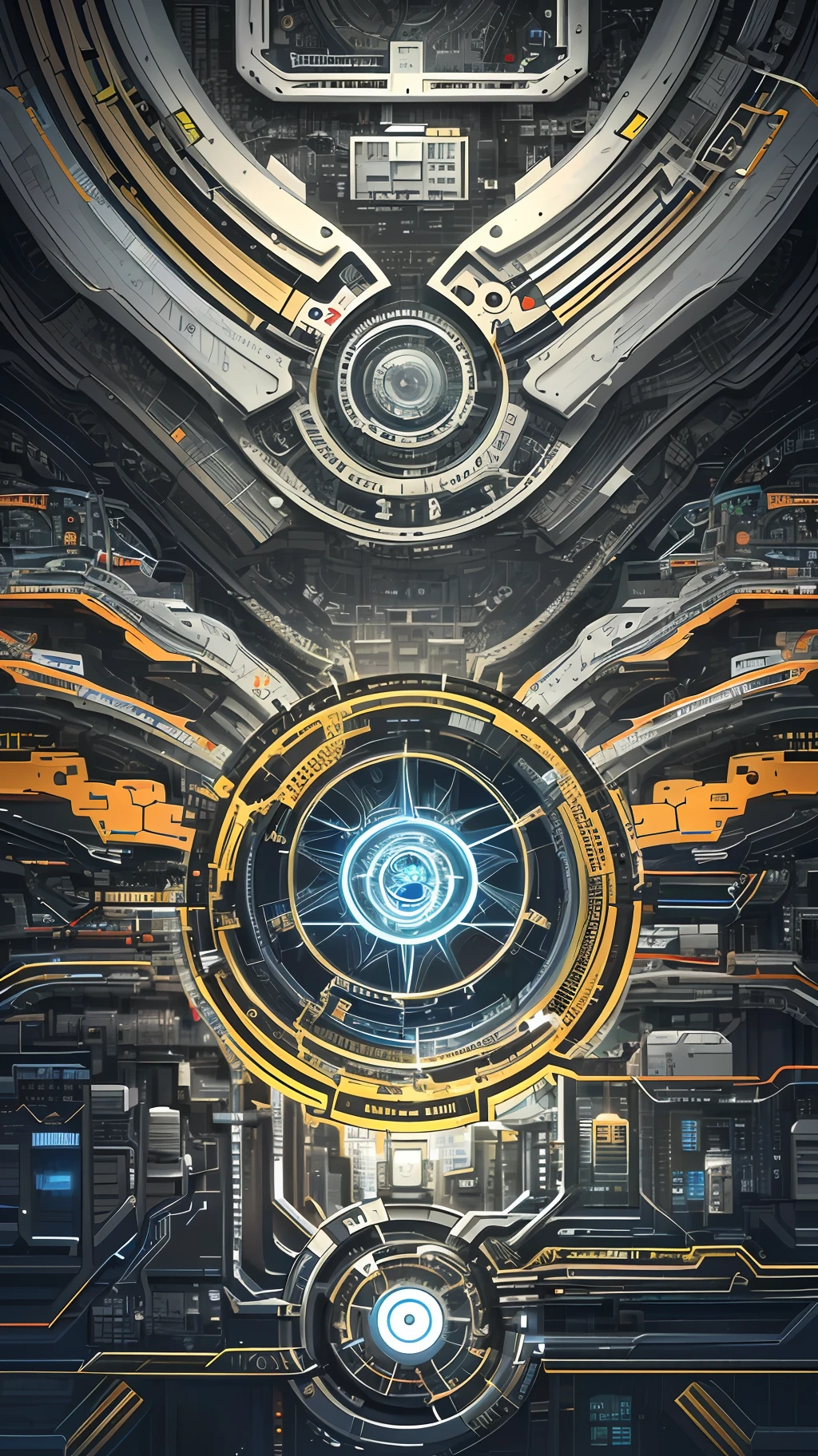 In this artistic composition of technological symbols, we are immersed in an abstract world and full of elements that represent technological advancement. The work is a visually impactful collage, composed of a variety of icons and symbols related to technology.

Complex circuits meander through the composition, with interwoven lines that represent the connectivity and interdependence of technological systems. These circuits form an intricate network that extends across the frame, conveying the idea of a web of knowledge and innovation.

Gears represent the ingenuity and mechanics behind the technology, symbolizing the inner workings of devices and systems. They rotate in harmony, suggesting the constant movement and evolution of technology over time.

Programming codes appear as a secret language, conveying the idea of complexity and technical skill. They are represented by mathematical lines and symbols, representing the logic and structure that underpin the technology.

Electronic components such as resistors, transistors and capacitors are also present in the composition. They represent the physical basis of technological devices, providing power and functionality.

The combination of these technological symbols creates a visually intriguing work of art that invites us to explore the intersection between the digital world and the physical world. This artistic composition celebrates human ingenuity and the ability to turn abstract ideas into reality through technology.