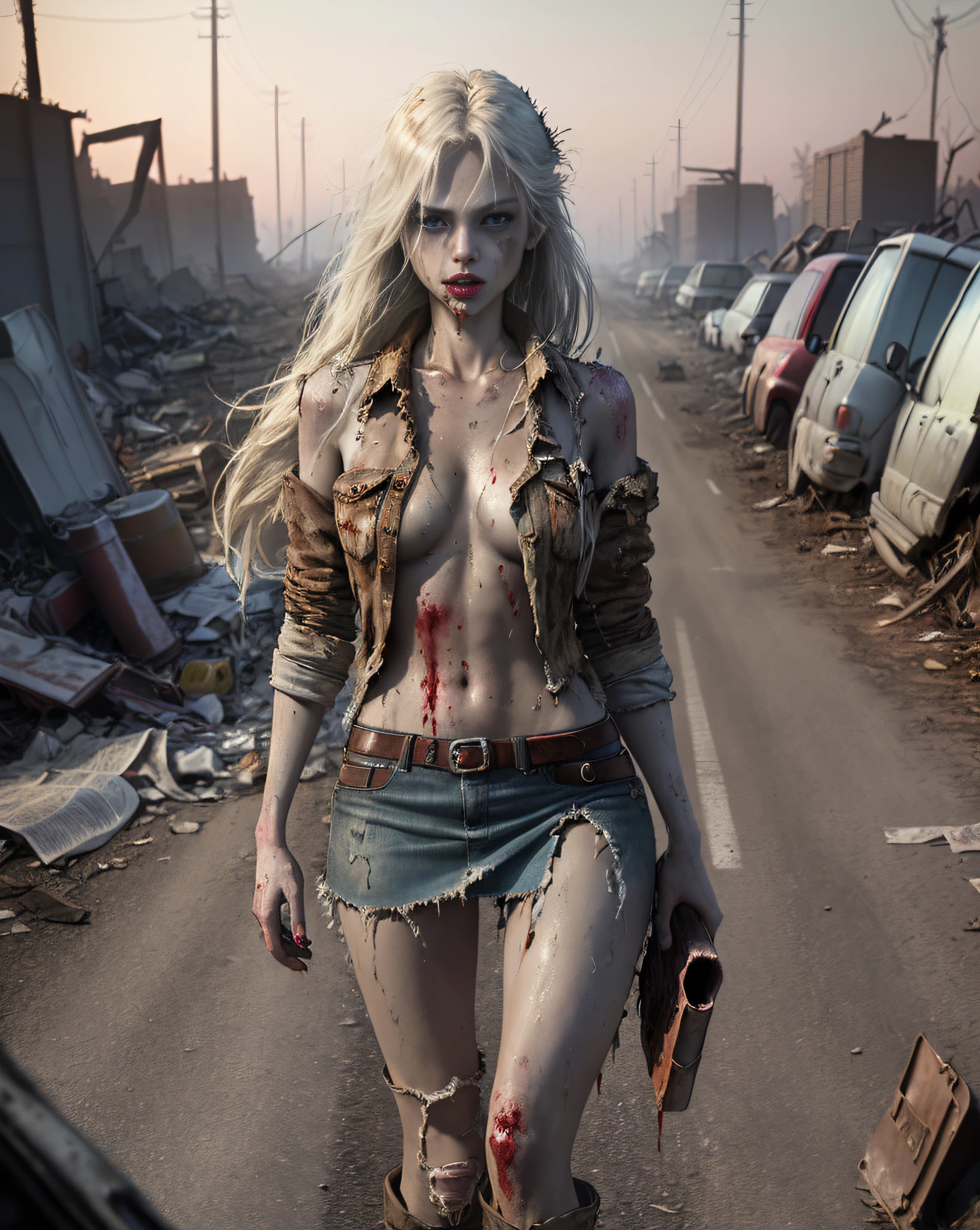 Zombie girl (beautiful and bold, seductive and attractive, blue eyes, pointed breasts, long straight blonde hair, sweaty body full of blood, open shirt, short skirt, boot, thick legs). (deserted road, dirt road, blood, smoke, abandoned cars, newspapers, abandoned objects, bodies lying on the ground, abandoned road, apocalyptic scenery, cinematic effect), (Best quality, masterpiece, depth of field, Full HD, 4K, richness of detail). Portrait style