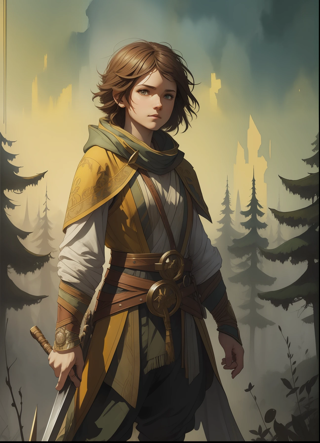 man halfling rpg character, small body, yellow fabric clothes, standing on a plain, line art watercolor wash, very lit forest background, abstract beauty, approaching perfection, pure form, golden ratio, minimalistic, unfinished, concept art, by Brian Froud and Carne Griffiths and Wadim Kashin and John William Waterhouse, intricate details, 8k post production, high resolution, hyperdetailed, trending on artstation, sharp focus, studio photo, intricate details, highly detailed, by greg rutkowski