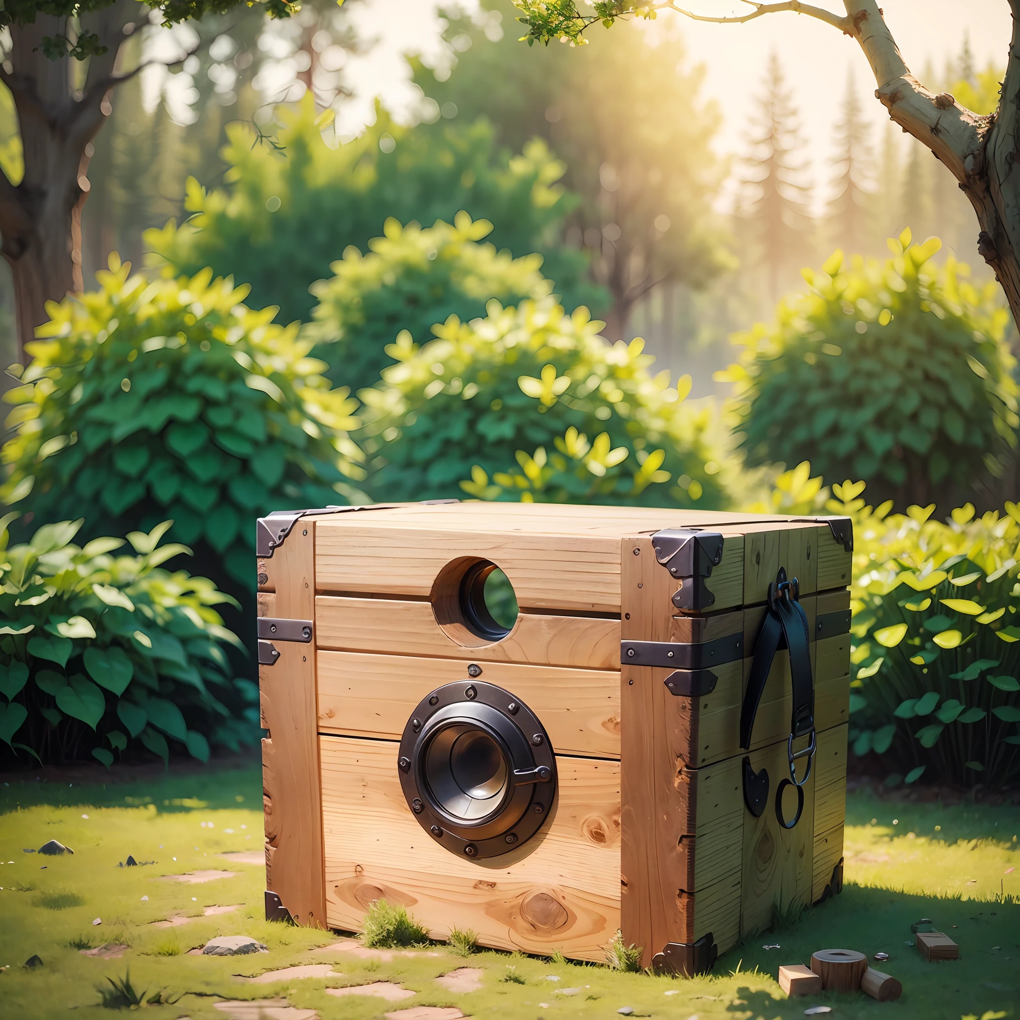 Imagine yourself immersed in a serene and inspiring environment. In the center of the image, a rustic wooden box, similar to a pallet, stands out. Its rough texture and earthy tones create an interesting contrast with the surrounding environment. This box is strategically placed against a backdrop of lush grass, where each green thread blends harmoniously. Around the box, majestic trees create a natural frame, with their branches framing the scene in a dazzling way. The subtle blurring in the trees gives a sense of depth and mystery, while the delicately filtered sunlight illuminates the box, highlighting its striking presence. It's as if this rustic box contains secrets, stories, or even a hidden treasure, inviting you to explore its essence and discover what it holds inside. --auto --s2