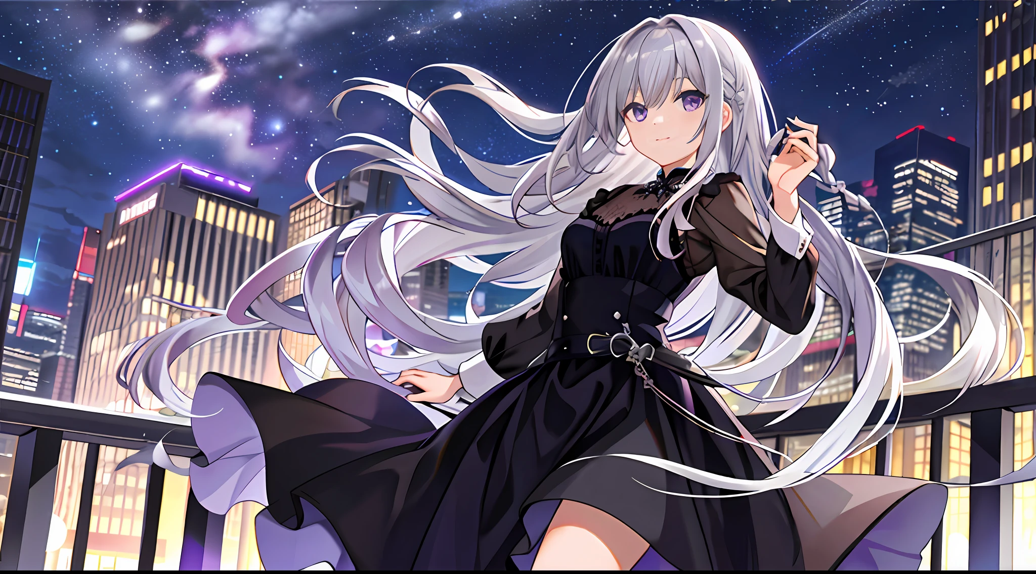 masterpiece, best quality, long hair, silver hair, purple eyes, wind, messy hair, outdoors, night, black dress,