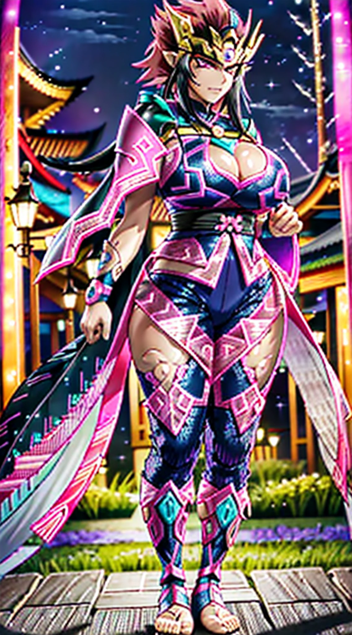 nighttime,full body,Genshin Impact:Raiden Shogun,(((Wearing Fluorescent fabric:harem outfit,Suzhoou embroidery technique:Lace sequin cloak woven from feathers))), Fabric Glows, Masterpiece,best quality,official art,extremely detailed 3DCG unity 8k, ( ##tattoo ##,tattoo, ~+ tattoo), (erfect female curves, huge stacked breast and proud cleavage),(A seductive gaze), Facing the camera, Pink lips,Blacklight lighting,full body, pants, vest