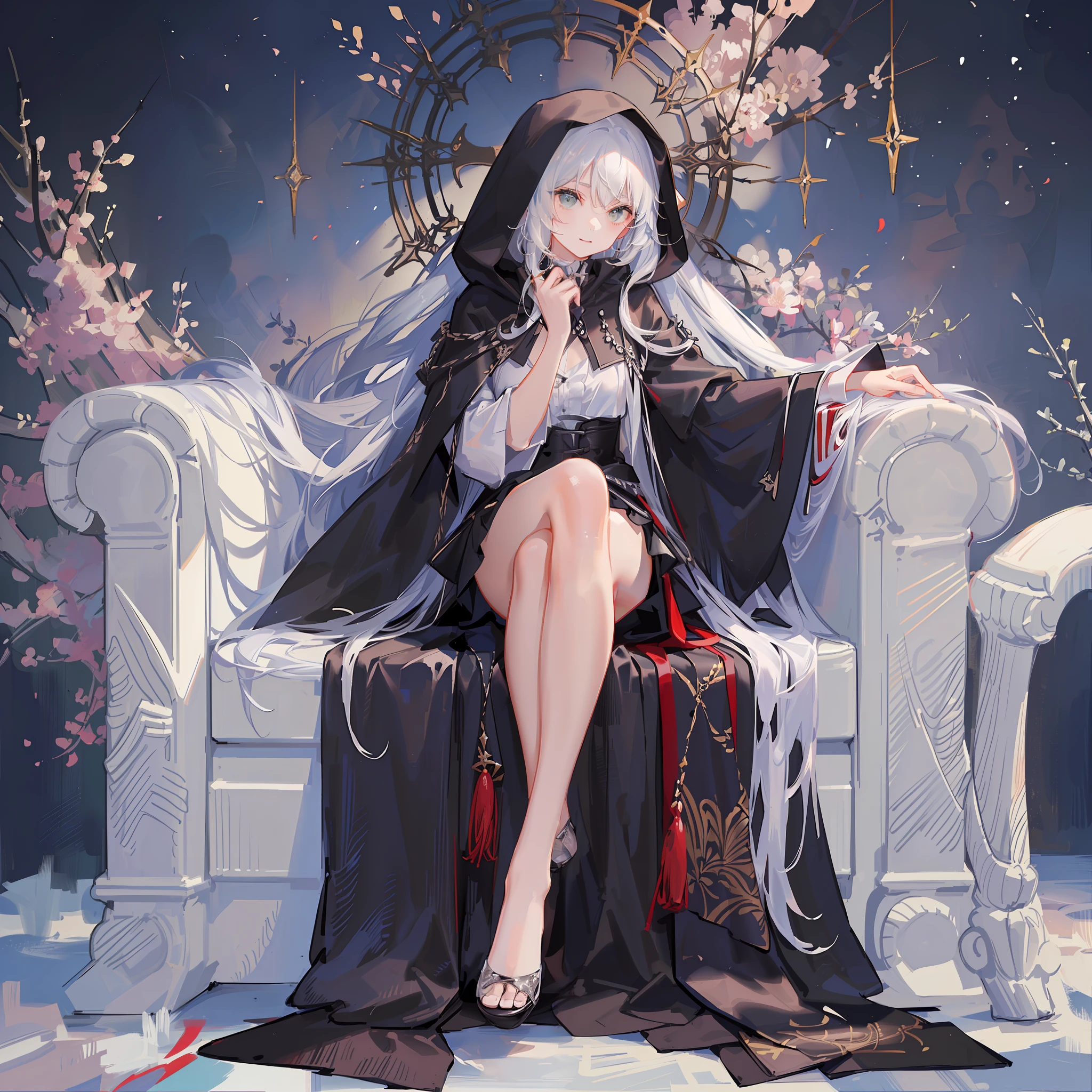 Maiden, black robed, sitting on a black throne, bare legs