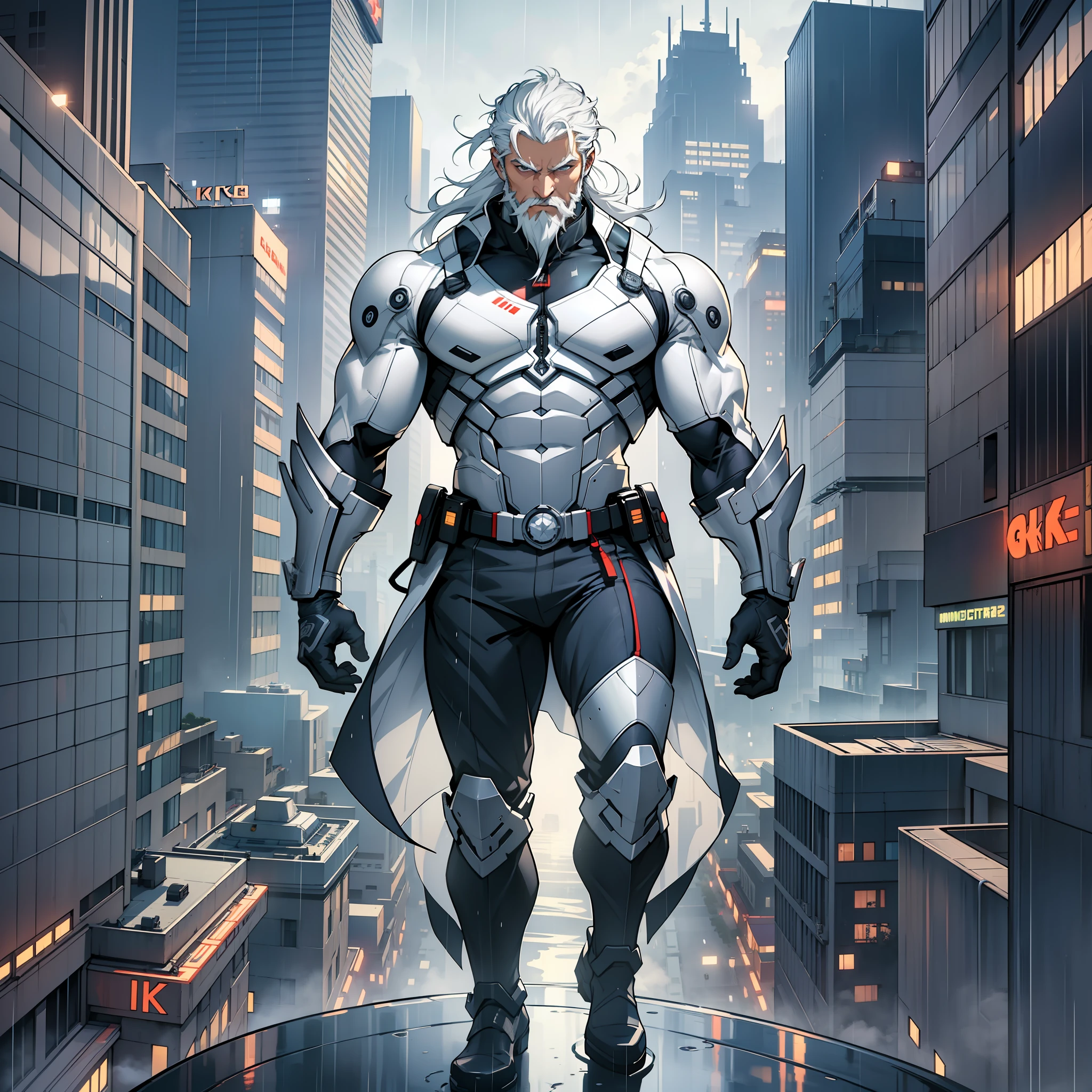 Masterpiece, best quality, (very detailed CG unit 8k wallpaper) (best quality), (best illustration), (best shadows) man with beard and white hair, looking at a futuristic city from atop a building, rainy day, American and muscular man wearing a suit. --auto --s2