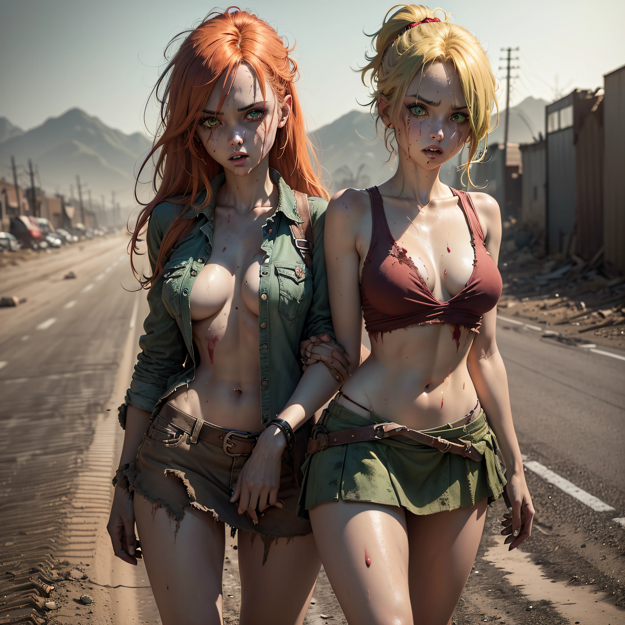 Zombie girl (beautiful and bold, seductive and attractive, green eyes, pointed breasts, straight red blonde hair, sweaty body full of blood, open shirt, short skirt, boot, thick legs). (deserted road, dirt road, abandoned cars, apocalyptic scenery, cinematic effect), (Best quality, masterpiece, depth of field, Full HD, 4K, richness of detail). Portrait style