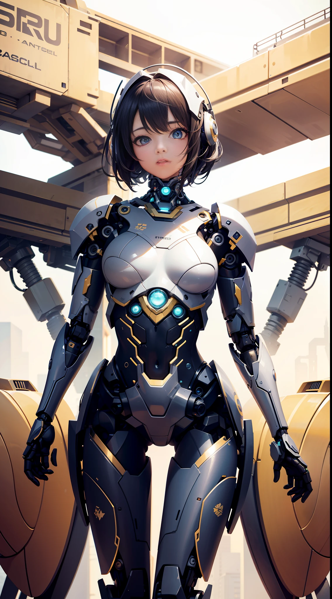 8K HD, best picture quality, clear picture, amazing details, beautiful girl and robot body, full body robot, girl focus, detailed girly face, girly details amazing, upper body photo, robot factory background, optimized depth of field to make the picture more realistic.