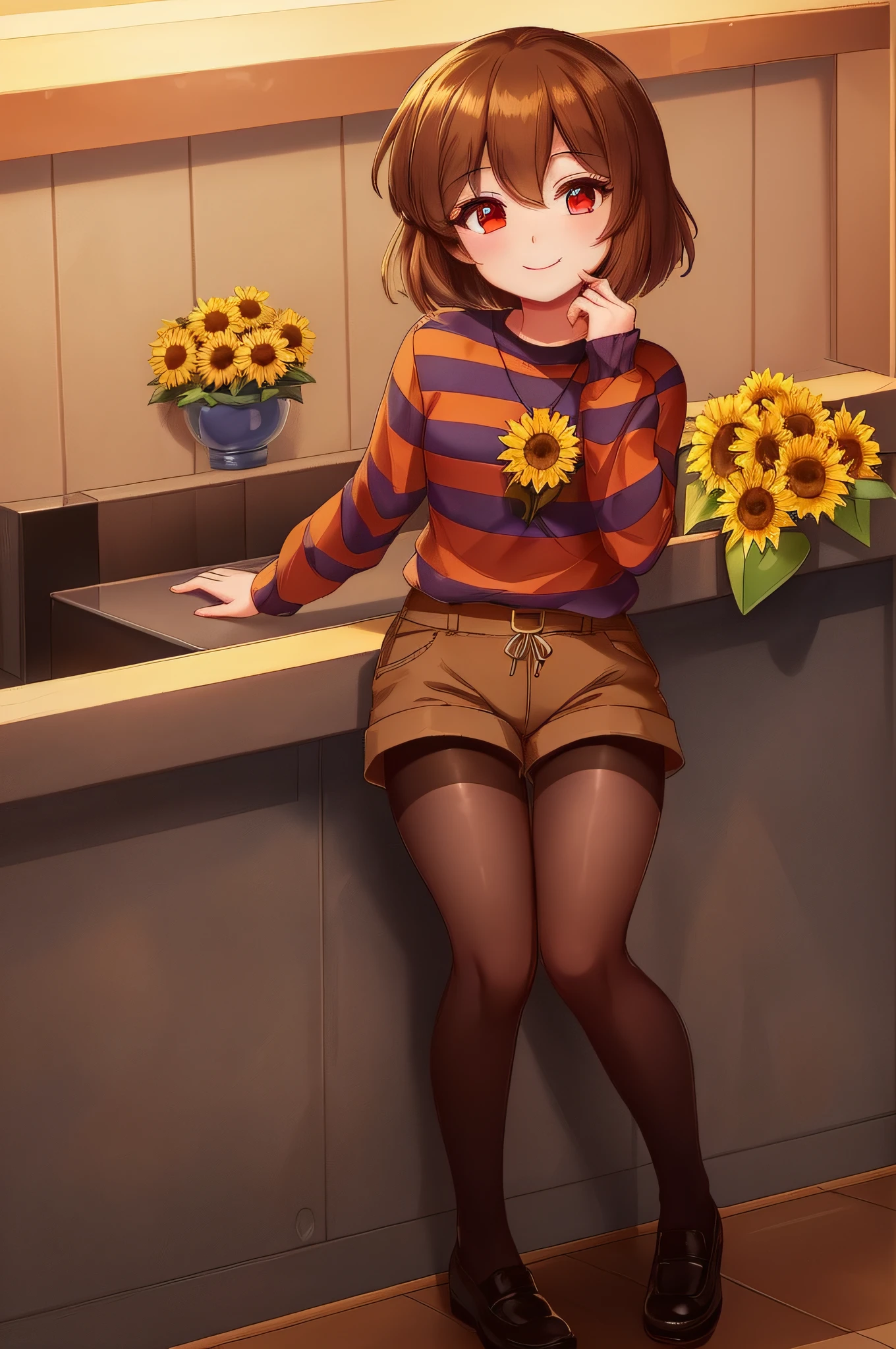 ((best quality)), ((masterpiece)), (detailed), Undertale Frisk, brown hair, (detailed brown shorts: 1.3), bob cut, short hair, black pantyhose, (blue shirt: 1.3), red eyes, eyes with a red glow, red eyes, detailed eyes (1girl: 1.3), (solo: 1.3), stripes, striped shirt, smiling, (sunflower)