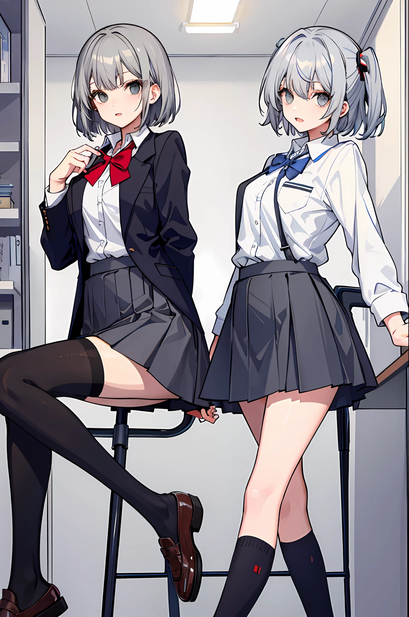 , twins, gray hair, stockings, mature women, school wear, short skirt