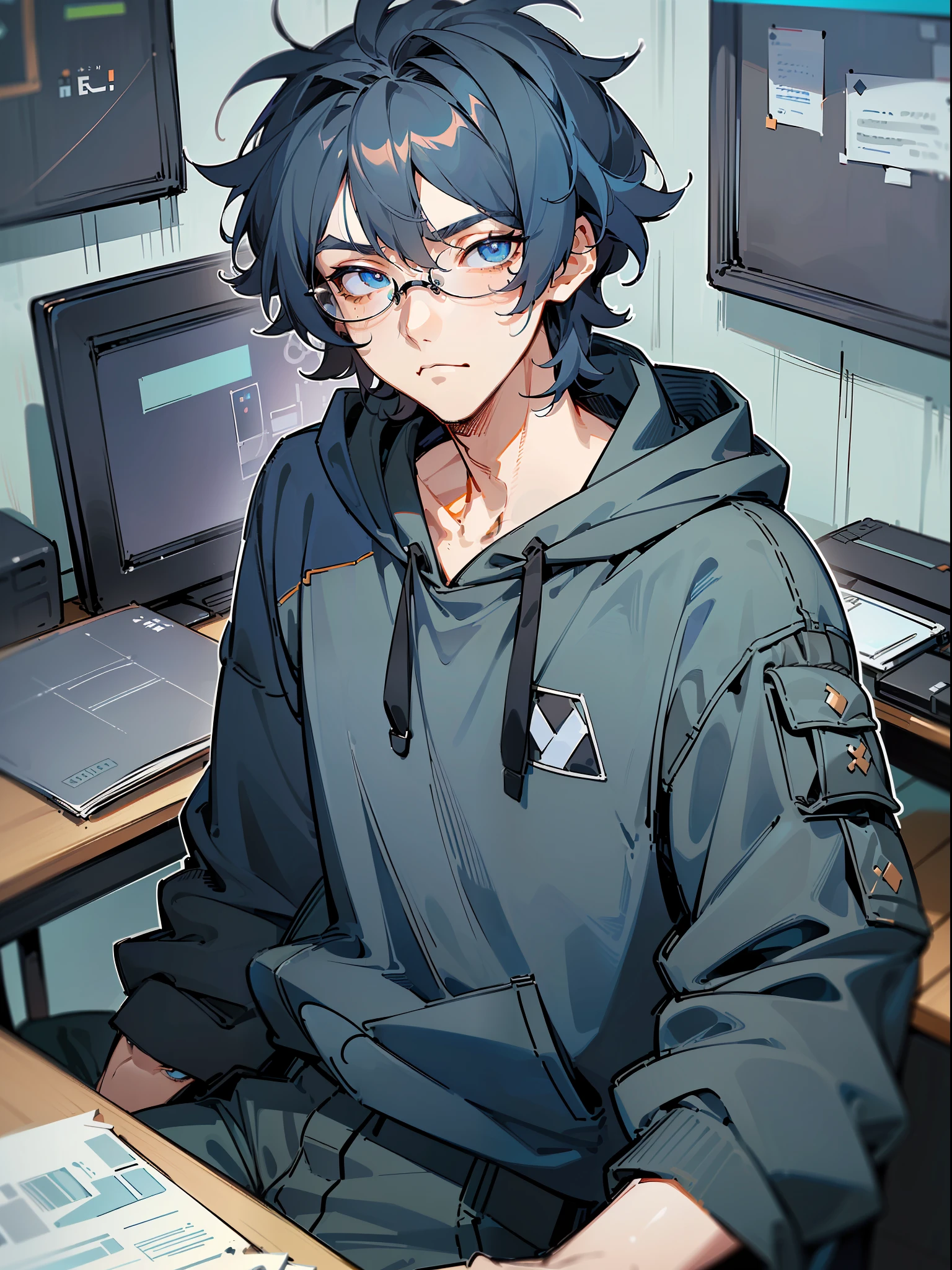 ((highest quality, masterpiece, 4k, finely detailed, detailed eyes, detailed face, intricate details, gelbooru, pixiv)), ((solo)), 1boy, male, masculine, handsome, adult man, guy, square jaw line skinny, lanky, ((shaggy messy hair, longer bangs falling into face, dark blue hair color. Black hair strands)), ((pale blue eye color, half-lidded tired eyes, bags under eyes)), looking at viewer, neutral expression, (((modern hoodie with dark blue and black colors, baggy black cargo pants))), hacker room background, ((wearing thick glasses with black square frame)), slight chin stubble, dark eyebags, (((sitting on office chair)))