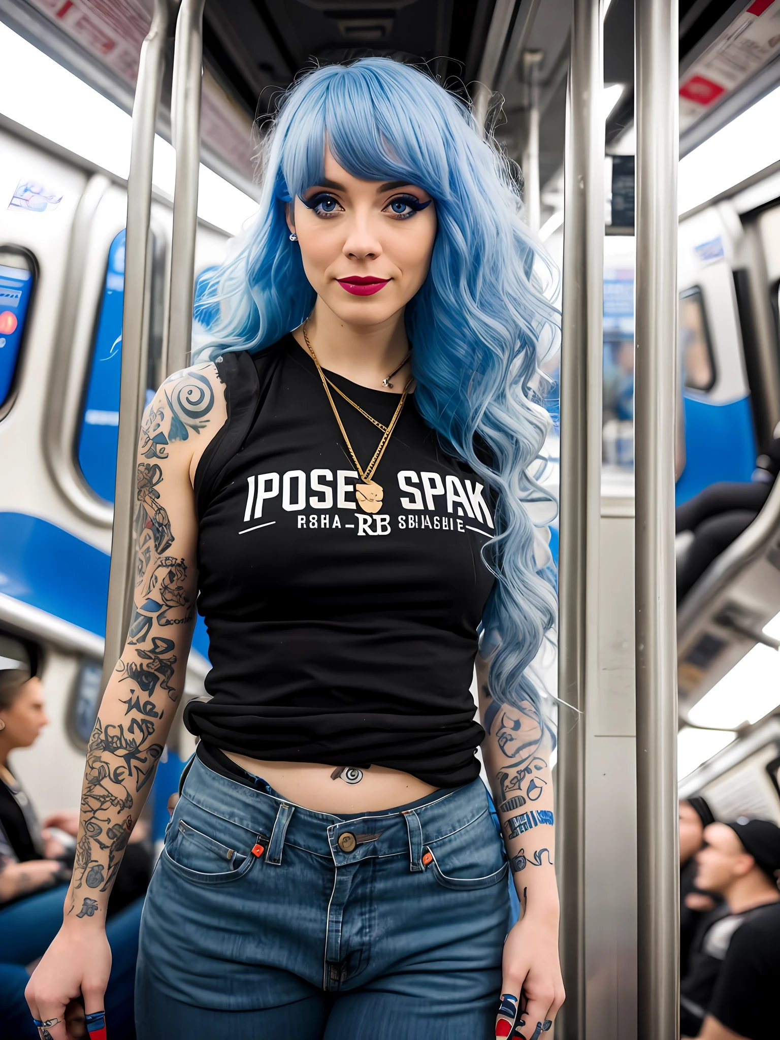 Pokket, filmed on DSLR, 8K, detailed face, blue hair, 25-year-old woman, is on the subway in NYC, rap style clothes, black tattoos, different position