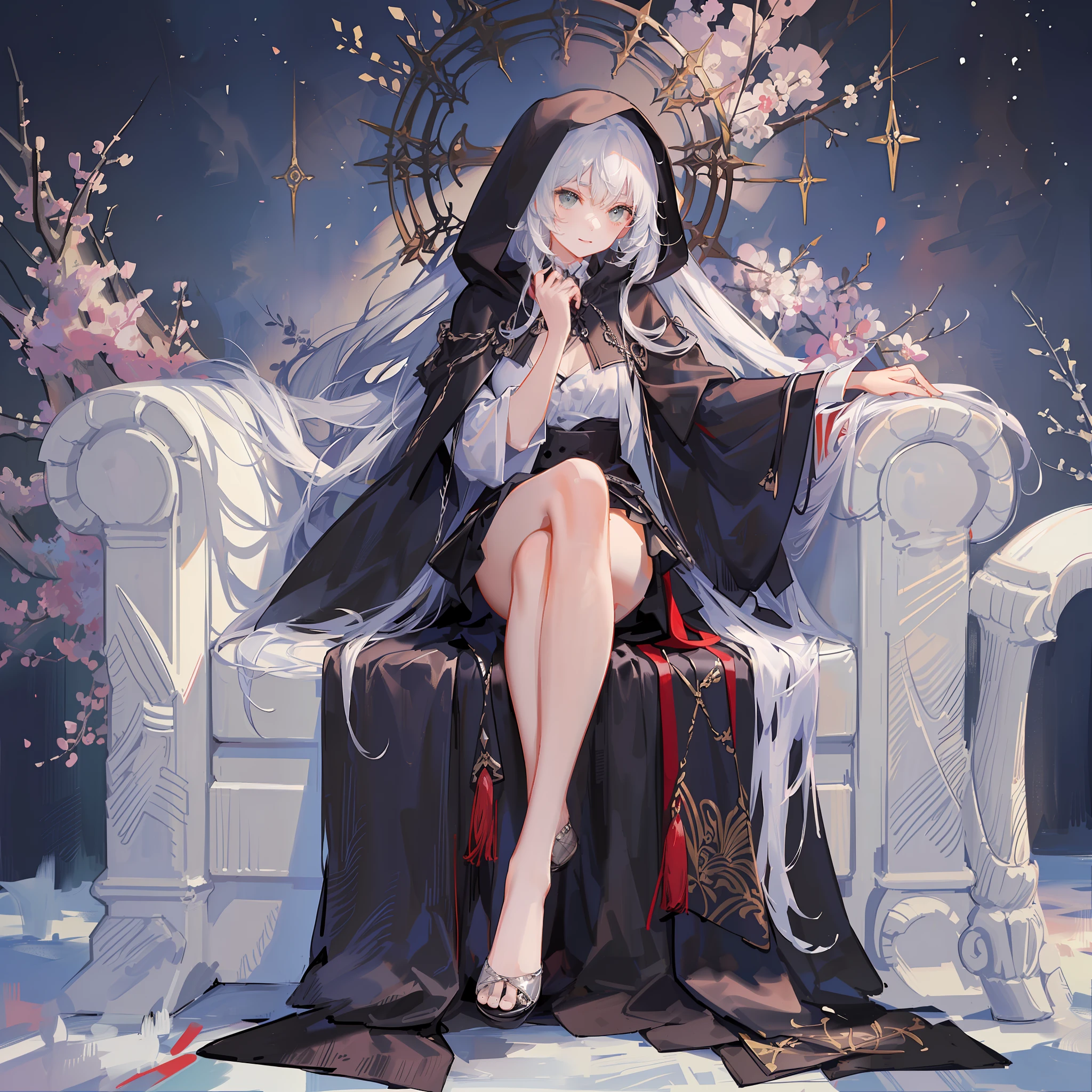 Maiden, black robed, sitting on a black throne, bare legs