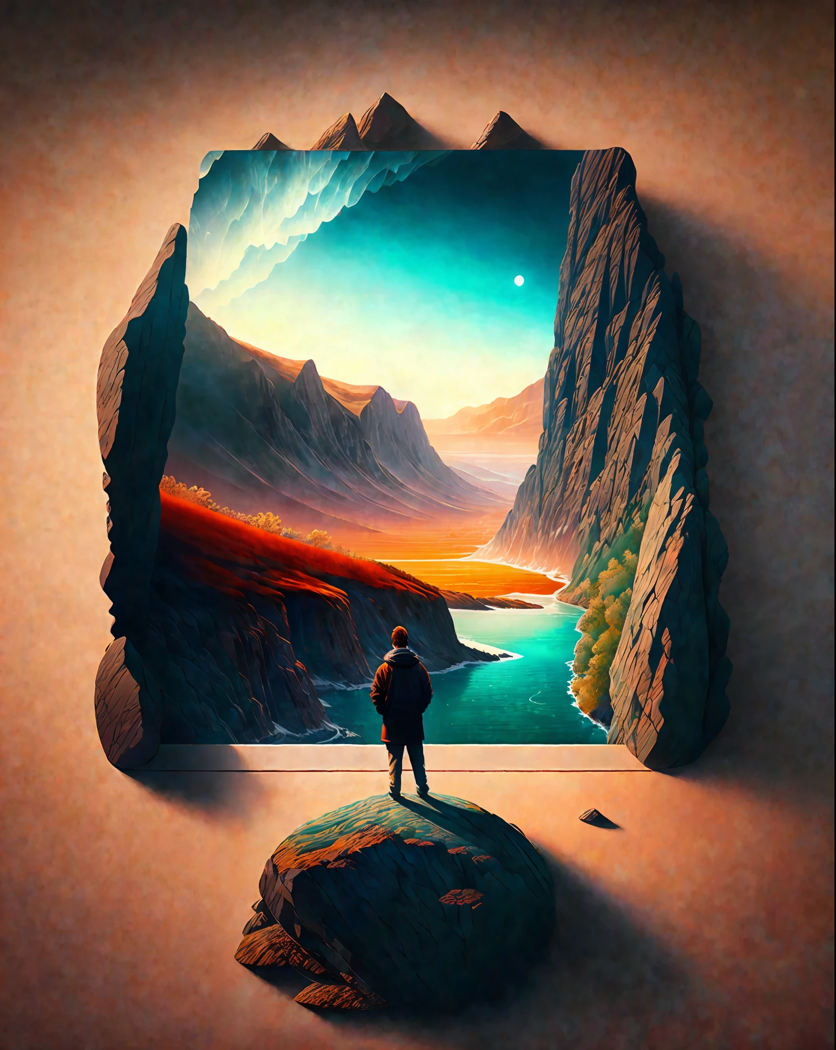 Craft a mesmerizing scene that deeply connects with the viewer, evoking a range of emotions and leaving an indelible impact without relying on words. Use a vibrant and contrasting color palette to intensify the visual impact. Depict a solitary figure standing at the edge of a breathtaking cliff, overlooking a vast and awe-inspiring landscape. Let the figure's posture and facial expression convey a mixture of awe, contemplation, and a hint of melancholy. Surround the scene with elements of nature, such as swirling clouds, distant mountains, or a cascading waterfall, to enhance the immersive experience. Infuse the atmosphere with a touch of magic or mystery, perhaps through subtle glowing orbs or ethereal light. Allow the composition and details of the scene to captivate the viewer and invite them on an emotional journey that lingers in their thoughts long after they've seen the artwork., intricate, masterpiece, expert, insanely detailed, 4k, composition, centered, intricate, volumetric lighting, beautiful, sharp focus, ultra detailed