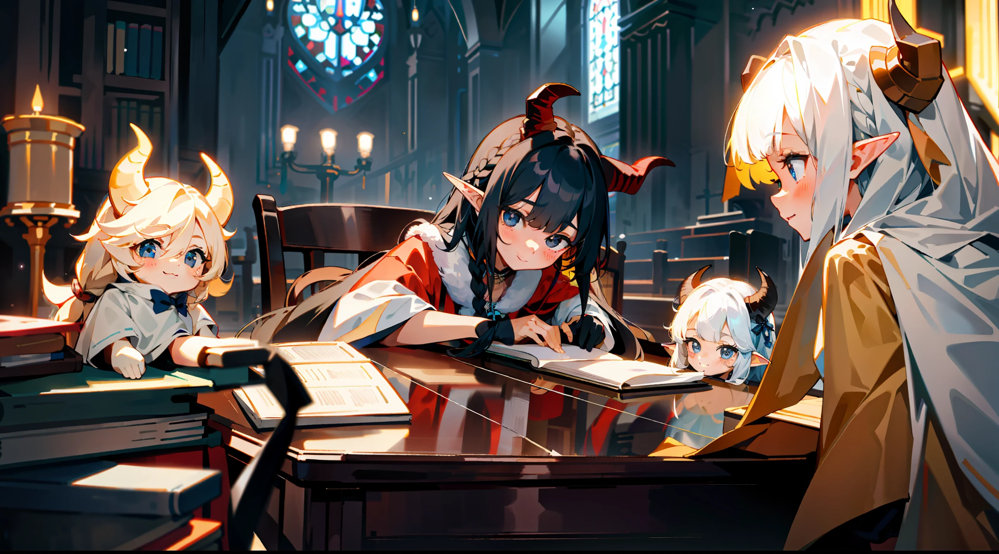 （best quality:1.4）,(masterpiece:1.3),solo,（church，night，winter,yellow lights, desk lamps，Place elbows on the table，jasmine，black hair,braids,blue eyes,elf ears,red fur coat,2 demon horns：1.3），solo,（Lovely interior, detailed interior,caffee,books, indoors，Lovely interior：1.3）,  young girl, wide white T-shirts, black eyes, （jewel-like pupils：1.3）, （clear faces, hands supporting faces）, gazes, serious gazes, smiles, cute girls, fluffy hair, cute dolls
