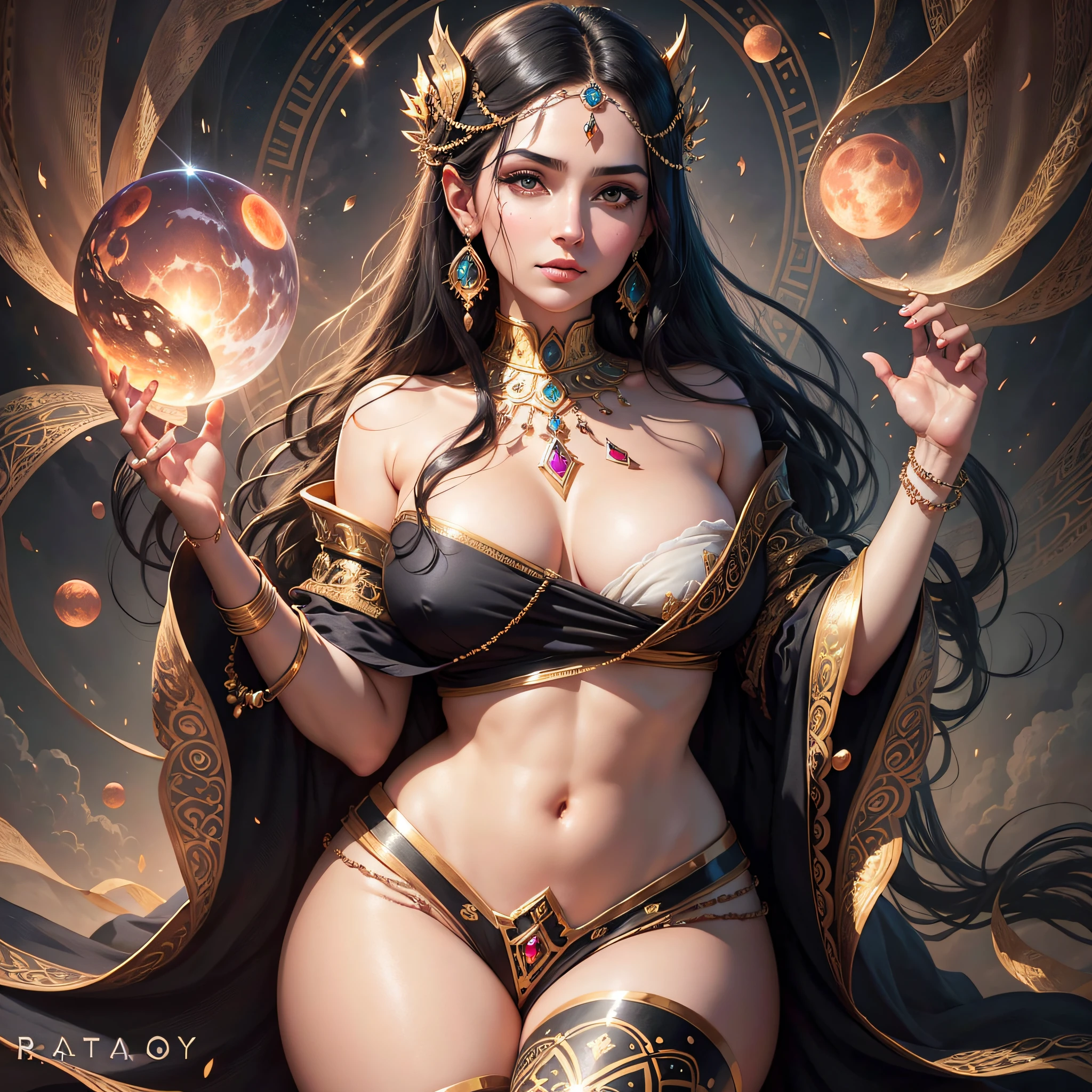 (16k portrait of beautiful queen with black hair),ultra realistic 16k cg, picture-perfect face, flawless, clean, ((masterpiece)), professional artwork, famous artwork, cinematic lighting, cinematic bloom, perfect face, beautiful face, beautiful eyes, fantasy, dreamlike, unreal, science fiction, (rich:1.4), prestige, luxury, jewelry, ruby, emerald, intricate detail, delicate pattern, hair ornament, necklace, earrings, bracelet, armlet, looking at viewer, symmetry, mature female,huge breasts,(masterpiece, sidelighting, finely detailed beautiful eyes: 1.2),night, mystical sky, soft colors, (detailed cloudscape:1.3), (high-resolution:1.2),(fantasy illustration:1.3),perfect light, blood moon,kbxll,((black thighhighs)), --auto --s2