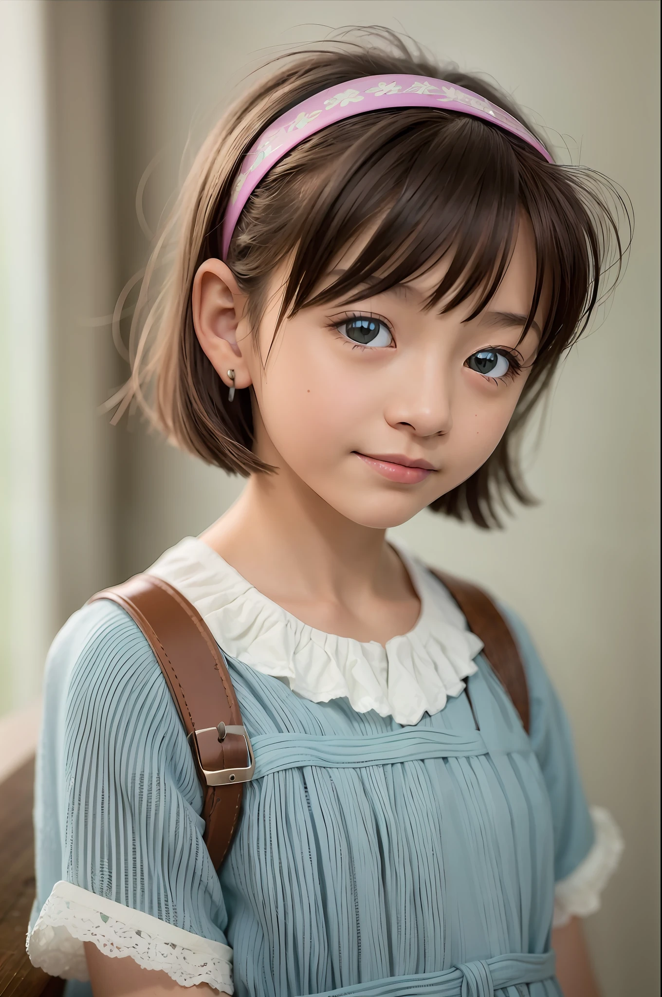 (masterpiece), (very high definition), (very high definition), (very high detail), (high definition), 1 girl, ayumi_yoshida, blue eyes, hair band, bangs, short hair, brown hair, depth of field, cowboy shot, smile, girl ,