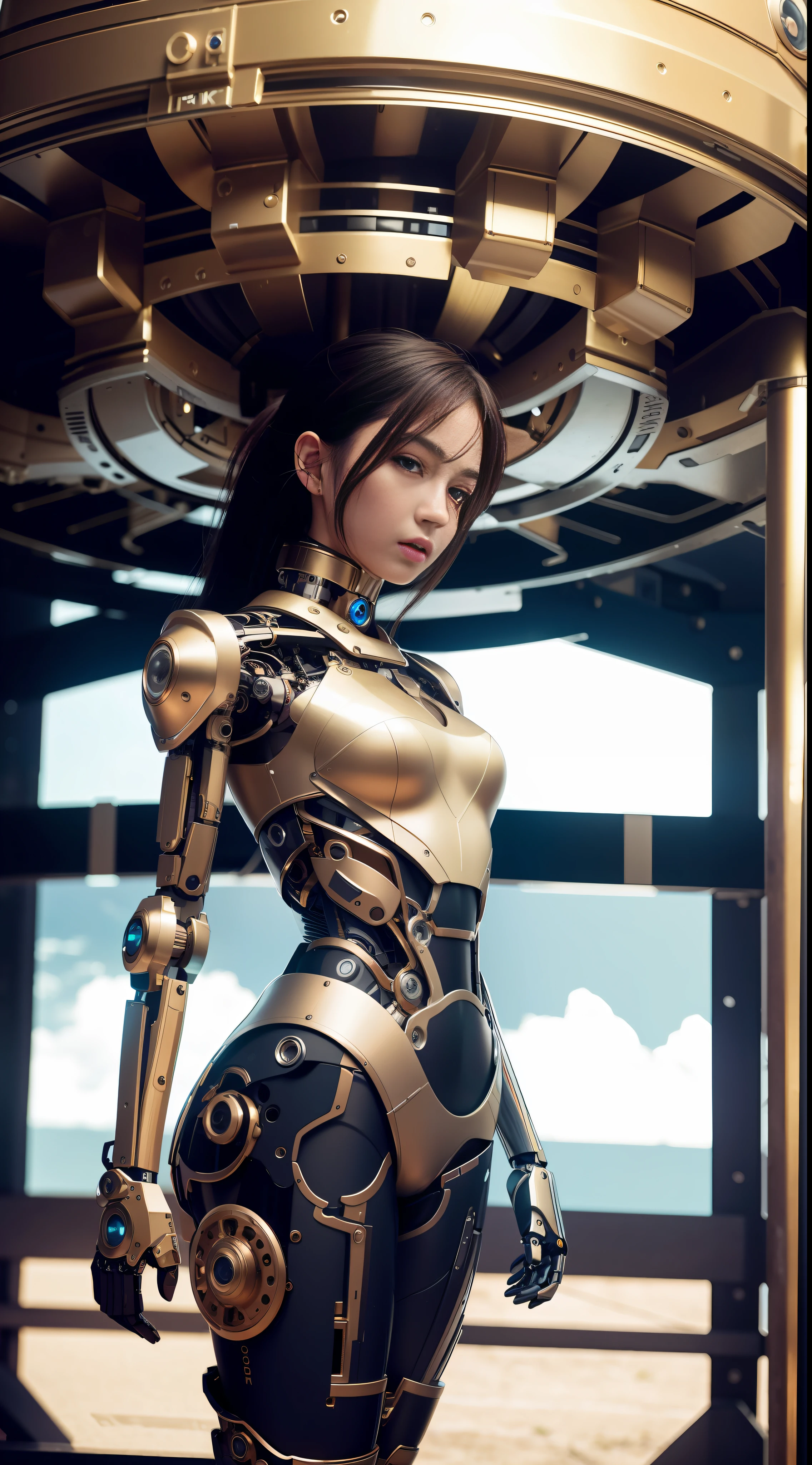 8K HD, best picture quality, clear picture, amazing details, beautiful girl and robot body, full body robot, girl focus, detailed girly face, girly details amazing, upper body photo, robot factory background, optimized depth of field to make the picture more realistic.