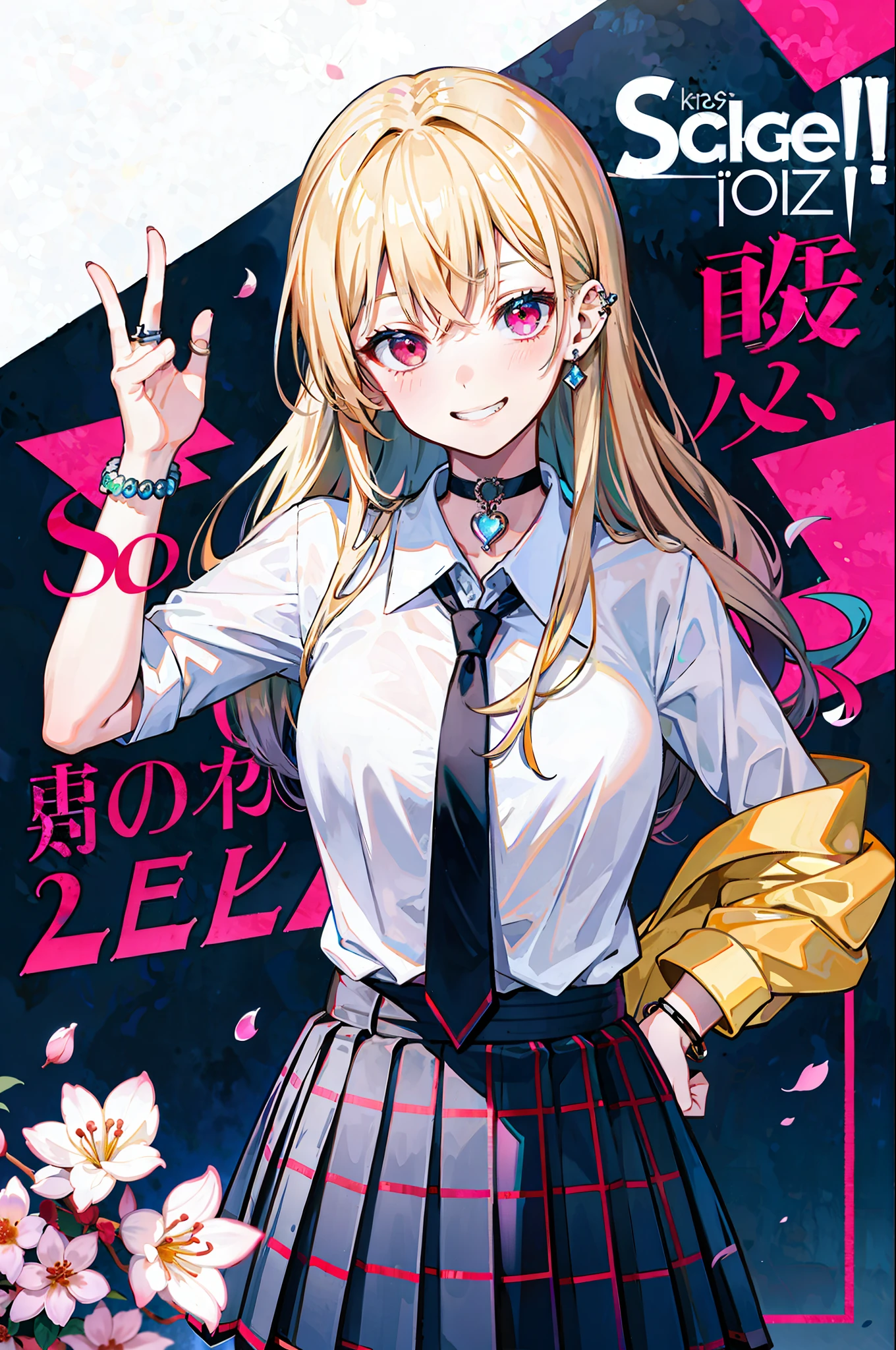 masterpiece, best quality,  full body,
1girl, bangs, black choker, black necktie, blonde hair, blue skirt, blush, bracelet, breasts, choker, clothes around waist, collarbone, collared shirt, cowboy shot, dress shirt, ear piercing, eyebrows visible through hair, gradient hair, grin, gyaru, jewelry, kogal, long hair, looking at viewer, loose necktie, necktie, piercing, plaid, plaid skirt, pleated skirt, red eyes, ring, school uniform, shirt, skirt, smile, solo, white shirt,
street, sky, cherry blossoms, petals,illustration, (magazine:1.3), (cover-style:1.3), fashionable, woman, vibrant, outfit, posing, front, colorful, dynamic, background,  elements, confident, expression, holding, statement, accessory, majestic, coiled, around, touch, scene, text, cover, bold, attention-grabbing, title, stylish, font, catchy, headline, larger, striking, modern, trendy, focus, fashion,