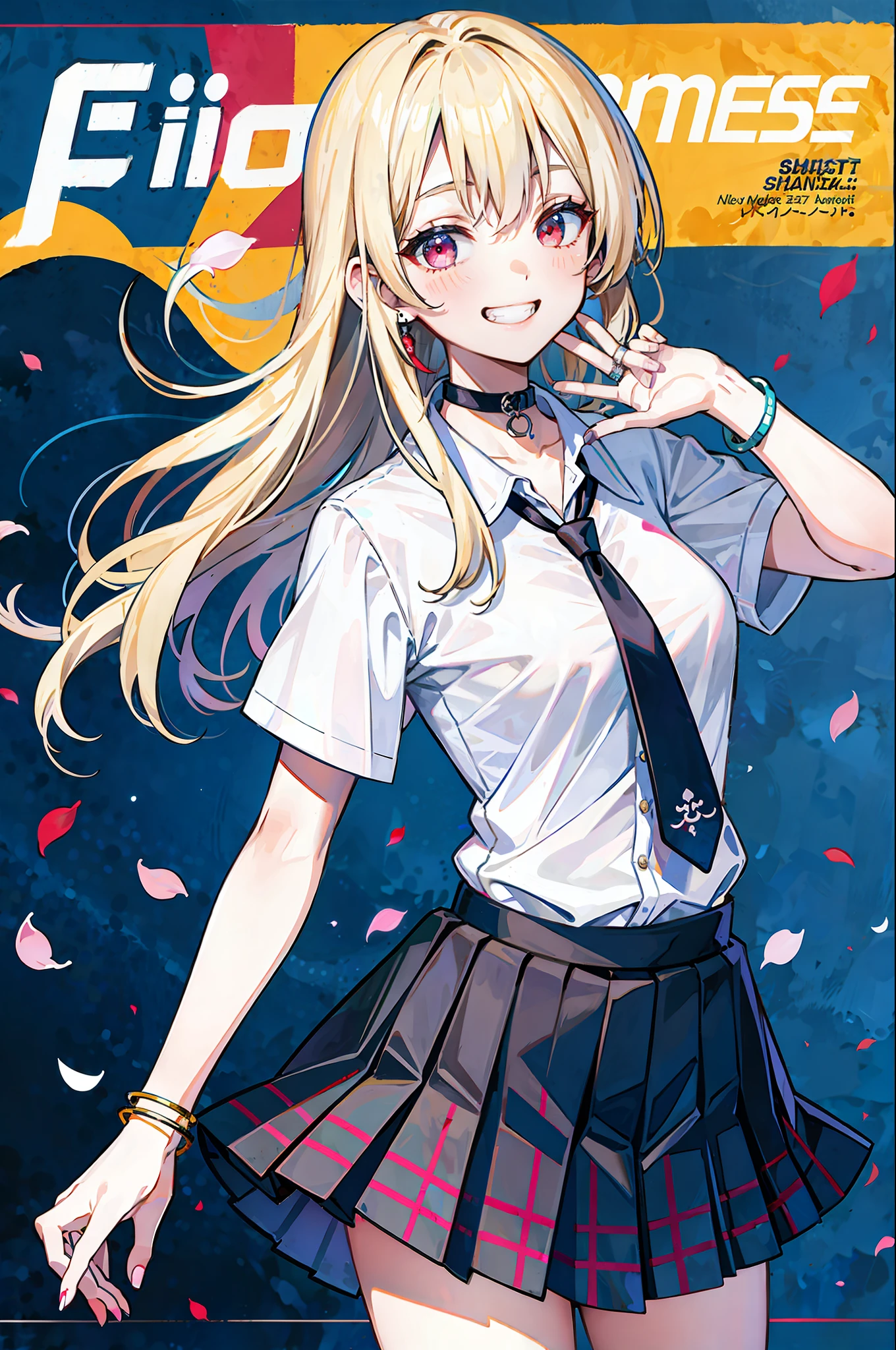 masterpiece, best quality,  full body,
1girl, bangs, black choker, black necktie, blonde hair, blue skirt, blush, bracelet, breasts, choker, clothes around waist, collarbone, collared shirt, cowboy shot, dress shirt, ear piercing, eyebrows visible through hair, gradient hair, grin, gyaru, jewelry, kogal, long hair, looking at viewer, loose necktie, necktie, piercing, plaid, plaid skirt, pleated skirt, red eyes, ring, school uniform, shirt, skirt, smile, solo, white shirt,
street, sky, cherry blossoms, petals,illustration, (magazine:1.3), (cover-style:1.3), fashionable, woman, vibrant, outfit, posing, front, colorful, dynamic, background,  elements, confident, expression, holding, statement, accessory, majestic, coiled, around, touch, scene, text, cover, bold, attention-grabbing, title, stylish, font, catchy, headline, larger, striking, modern, trendy, focus, fashion,