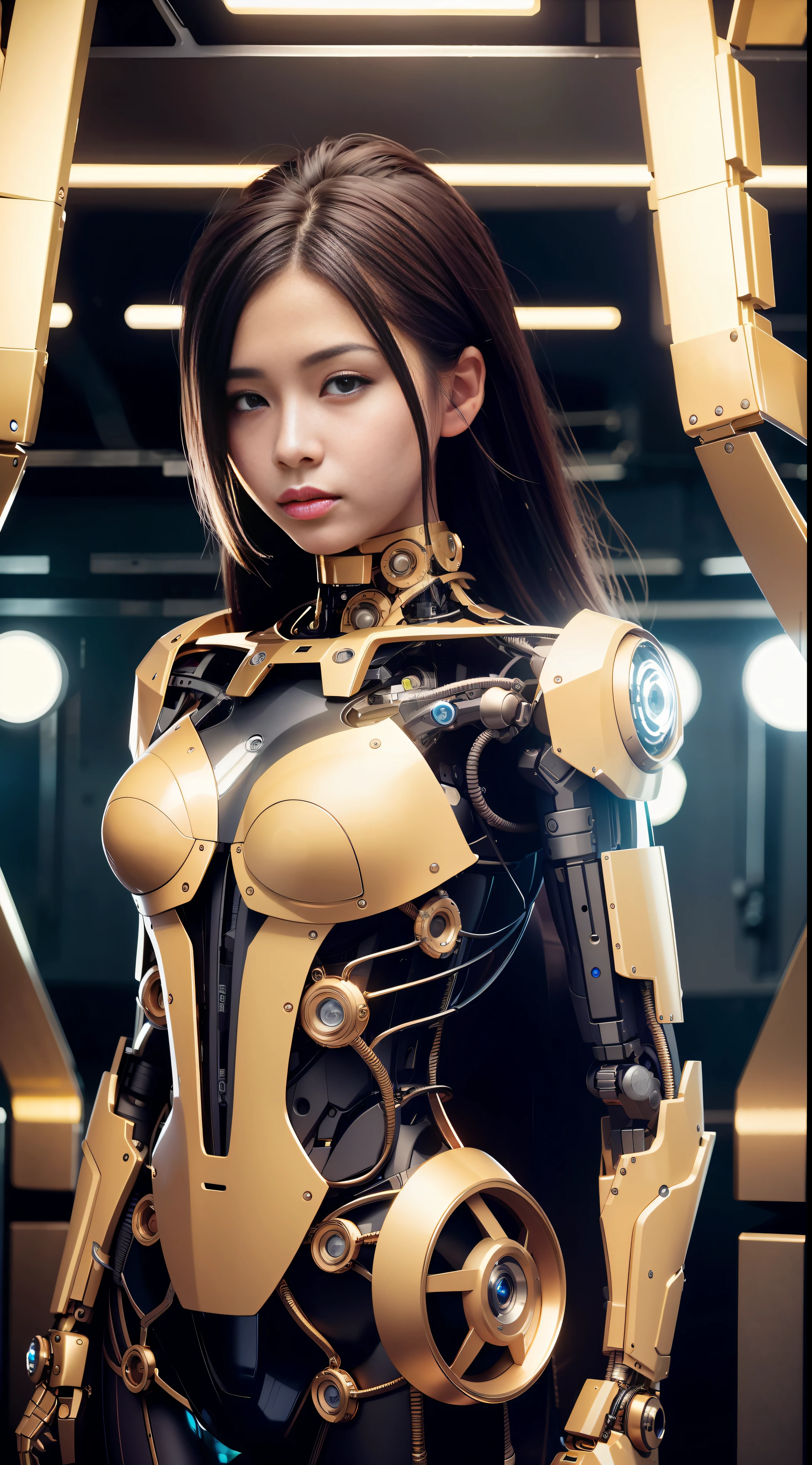 8K HD, best picture quality, clear picture, amazing details, beautiful girl and robot body, full body robot, girl focus, detailed girly face, girly details amazing, upper body photo, robot factory background, optimized depth of field to make the picture more realistic.
