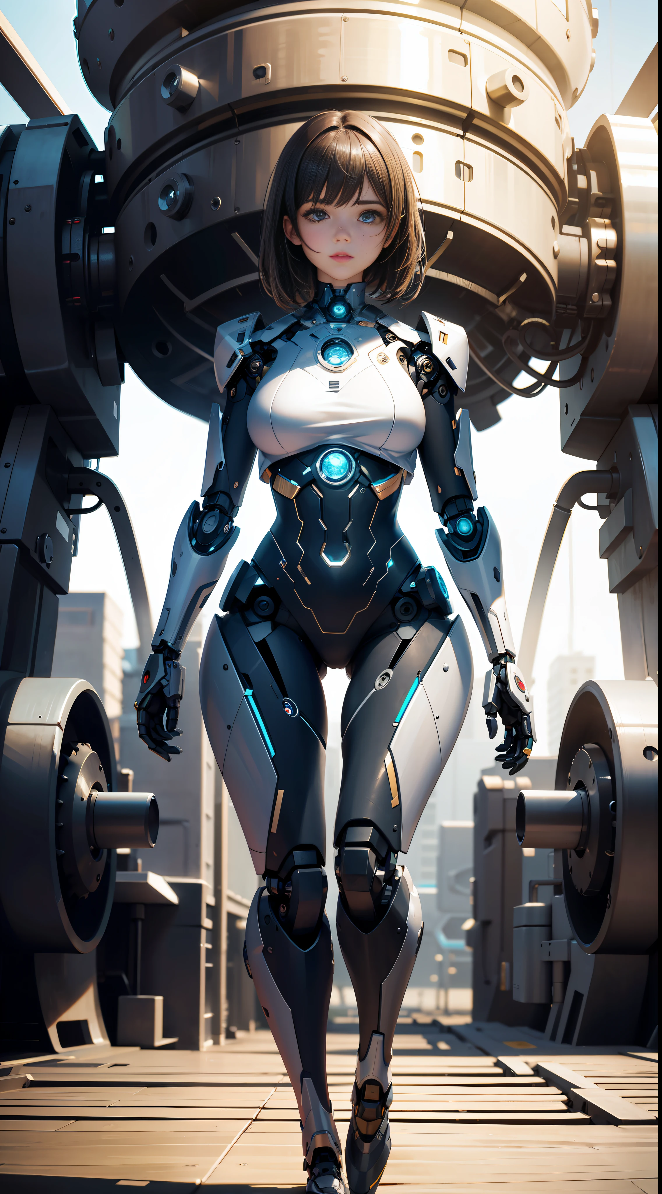 8K HD, best picture quality, clear picture, amazing details, beautiful girl and robot body, full body robot, girl focus, detailed girly face, girly details amazing, upper body photo, robot factory background, optimized depth of field to make the picture more realistic.