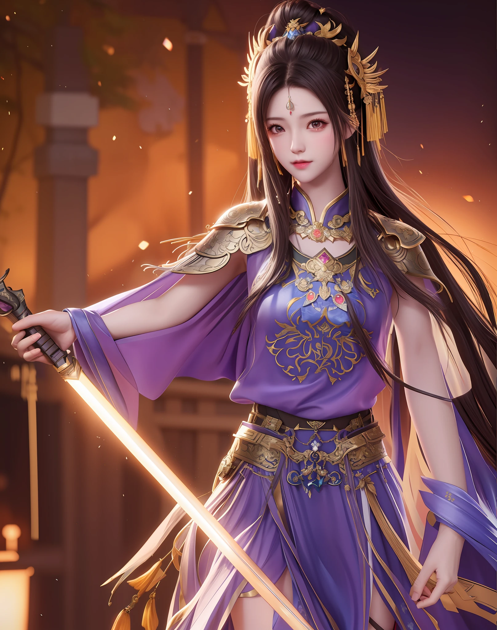 best quality, masterpiece, high resolution, 1girl, ancient chinese battlefield background, metal armor, cape, metal collar, ancient spear, hair ornament, necklace, jewelry, beautiful face, upon_body, tyndall effect, realistic, dark studio, edge lighting, duotone lighting, (high detail skin:1.2), 8k uhd, dslr camera, soft lighting, high quality, volumetric lighting, frank, photos, high resolution, 4k, 8k, bokeh, purple bikini armor, Ancient metal spear, chest embroidered phoenix, metal cuirass, tight, bare arms, weapons, short bracers, stockings, weapons