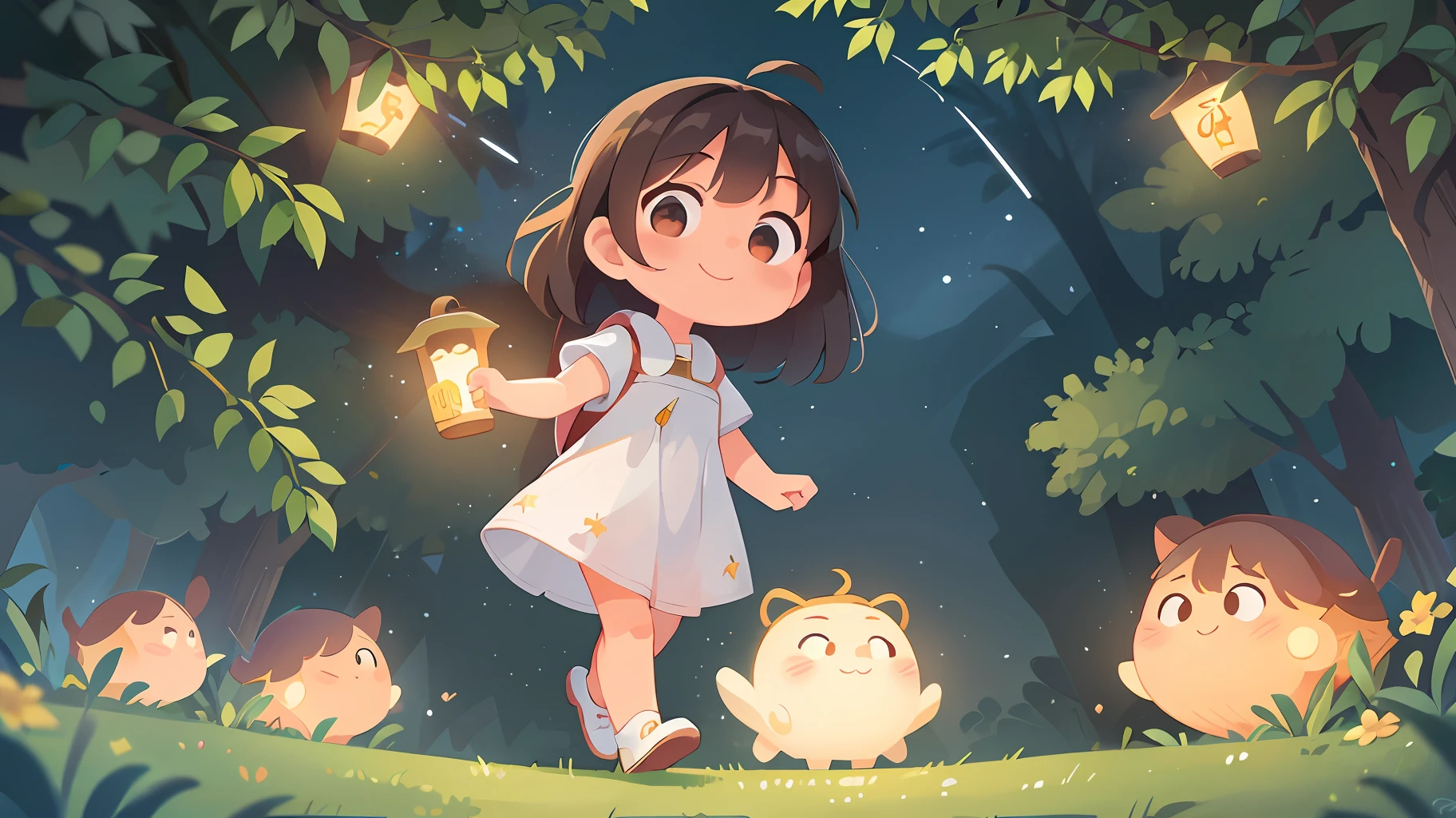 Best quality, masterpiece, ultra-high resolution, clean facial features, graphic design, wide-angle lens, facing the viewer, night, 
1girl, Solo, (Light Smile),walking,full body, Cute White dress, Kawaii, Lantern on hand, Firefly, Healing, Stars, Glow in the Dark