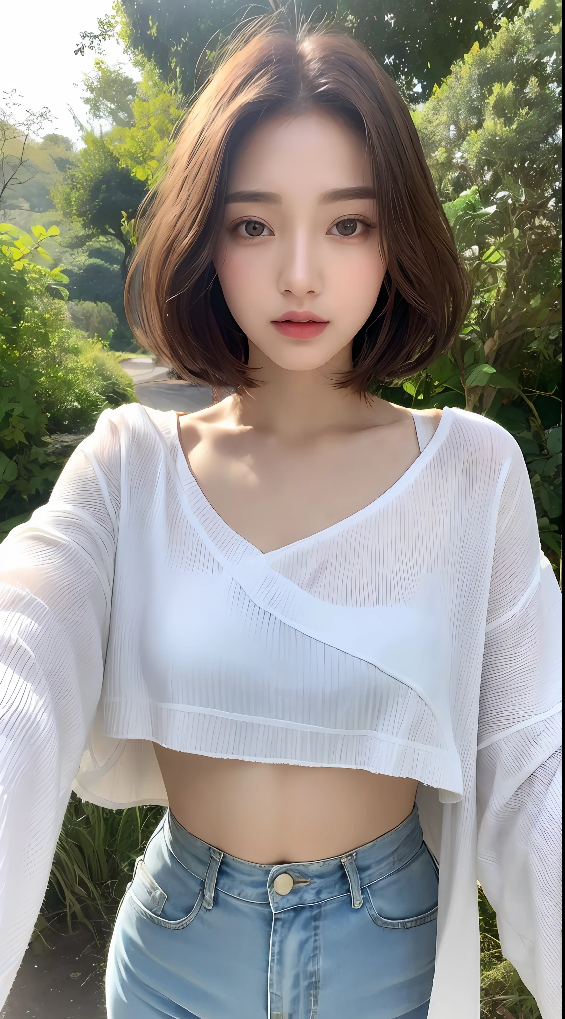 One beautiful girl, brown hair color, detailed eyes, big eyes, puffy eyes, fair skin, random outfit, random outfit color, random lipstick color, clean neck, white skin, Japanese beauty, 20 years old, Ai Lai, Asian beauty, facing front, real photo, short hair, ((Top Quality, 8k, Masterpiece: 1.3)), crisp focus: 1.2, beautiful woman in perfect shape: 1.4, slender abs: 1.2, ((layered cut)), very detailed face and skin texture, double eyelids, (wet clothes, wet body: 1.2), (rain, night forest and moonlight: 1.2), ennui expression,