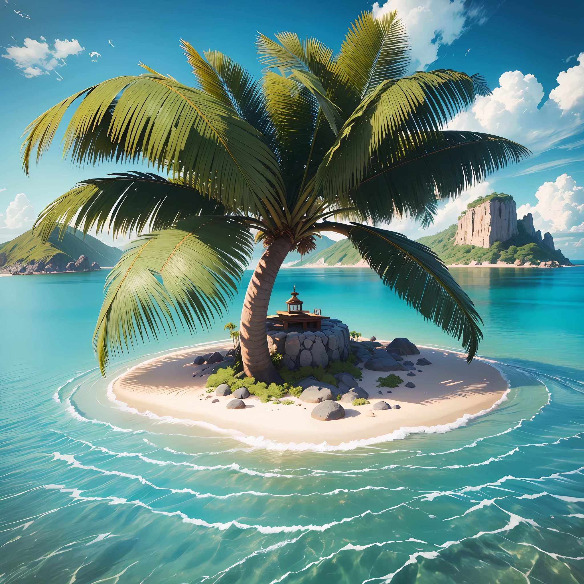 small island in the middle of a very calm sea. In the center of the island there is a coconut palm, and an open chest filled with gold coins. Photorealistic style. Very detailed image. 8k --auto --s2
