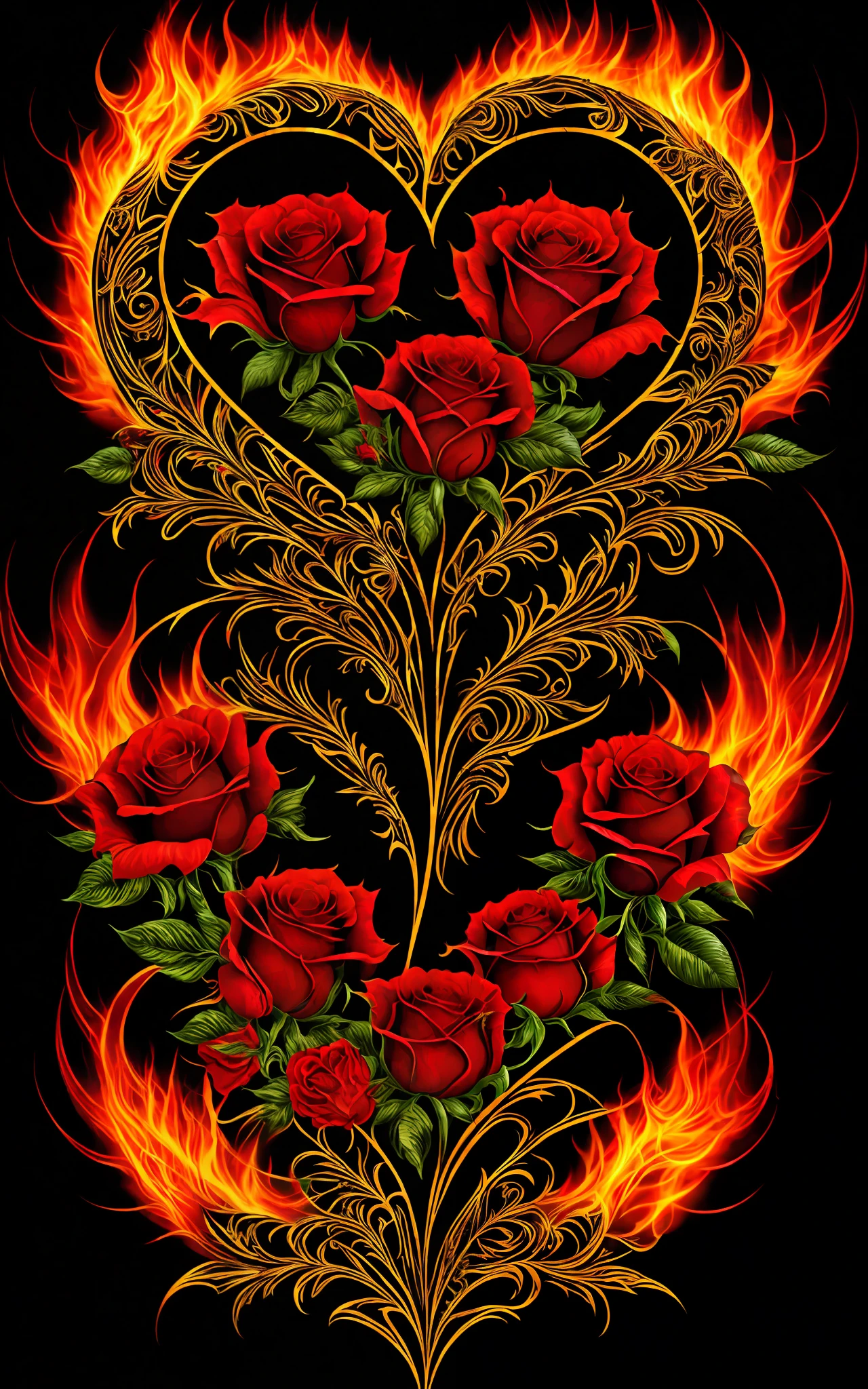 Ed Hardy Christian Audigier style vector print: Burning roses with tribal details and hearts. Striking lines, sinuous curves and elaborate details. Intense colors (black, red, gold). [masterpiece], Ed Hardy, Christian Audigier, vector print, roses, flames, tribal details, hearts, typography, intense colors, centered.