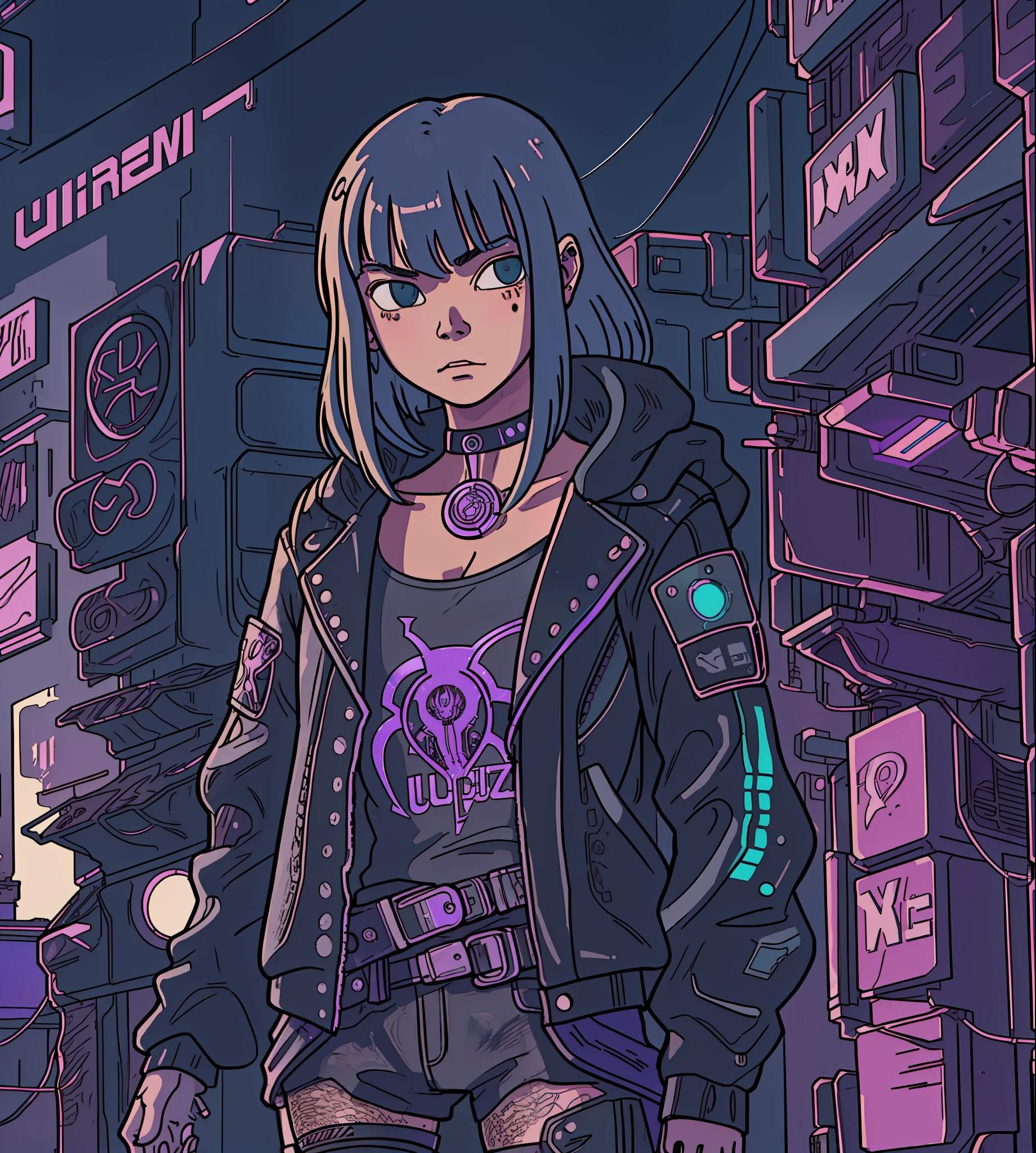 a waist-length portrait of a punk girl in a leather jacket, With CHROME colored robotic parts on the face and body , choker, intricate, highly detailed, cinematic composition, cinematic lighting, hyper detailed, (moebius art style:1.4), (cyberpunk city at background:1.2),