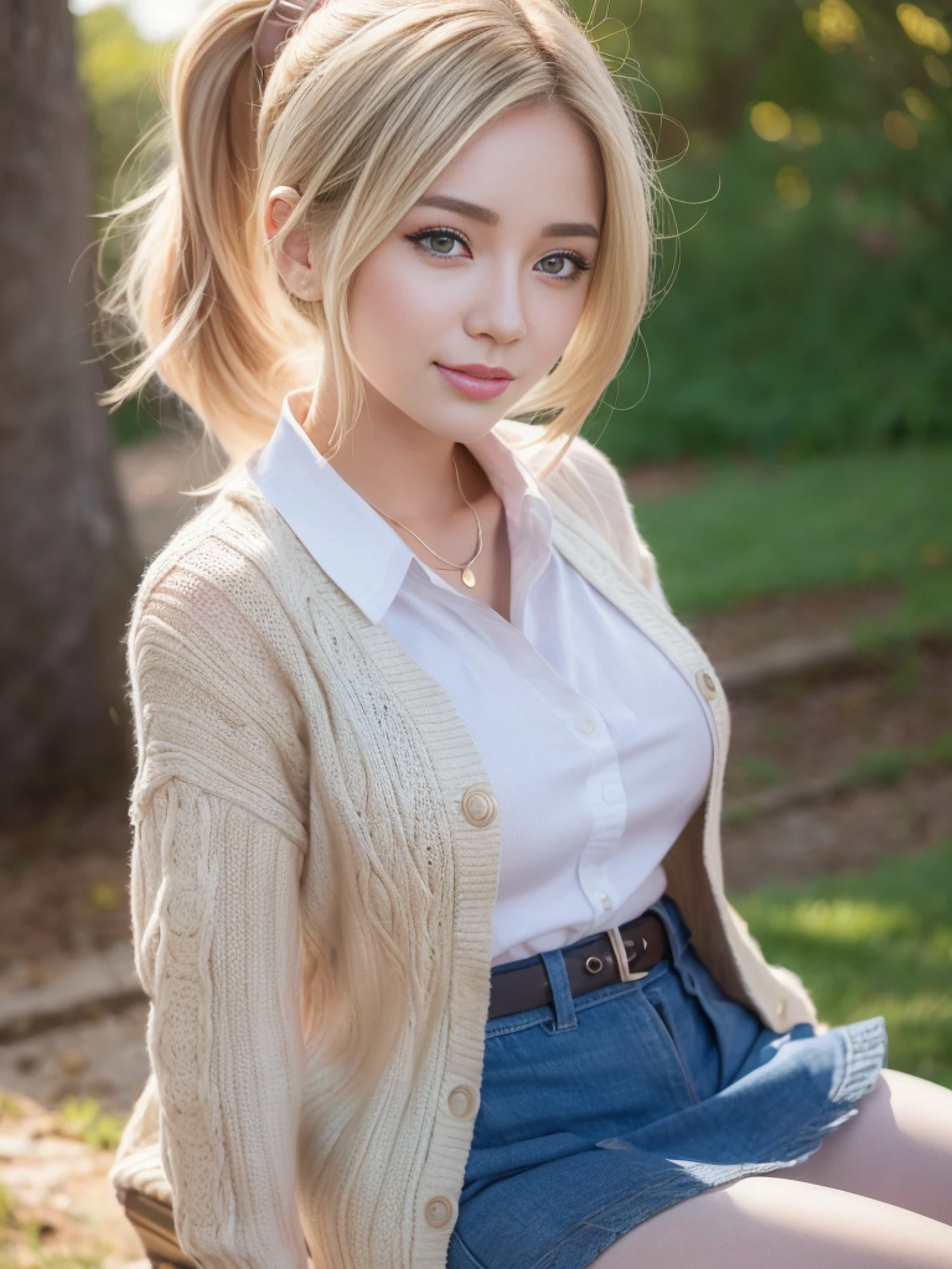 Realistic, Photorealistic: 1.37, Masterpiece, Colorful, Fine Detail, Big, Beautiful Skin, Fair Skin, One Woman, (20 Years Old Beautiful Korean Woman: 1.1), (KPOP Idol, Mixed), (Caucasian and Mixed), Western Face, Ultra High Definition, (8k, RAW Photo, Best Quality, Masterpiece: 1.2), Big Bust, (Nipple)), Attractive Eyes, (50mm Sigma f// Zeiss lens for 1.4, F1.2, 1/800s, ISO 100, Photo: 1.1), (Ponytail + Blonde: 1.2), (Realistic), Bokeh, Sharp, (Photorealistic), Live Action Photography, Solo, Best Quality, Very Beautiful Face, Very Beautiful Eyes, Beautiful Detailed Eyes, Floating Hair, (School Uniform), Open Shirt Blouse, Very short miniskirt, pleated skirt, white panties, thin, super beautiful legs, tall, beautiful legs, ((thigh gap)), (model: 1.2), smile from the front: 1.1, dynamic pose, open legs, (makeup: 1.2), sitting