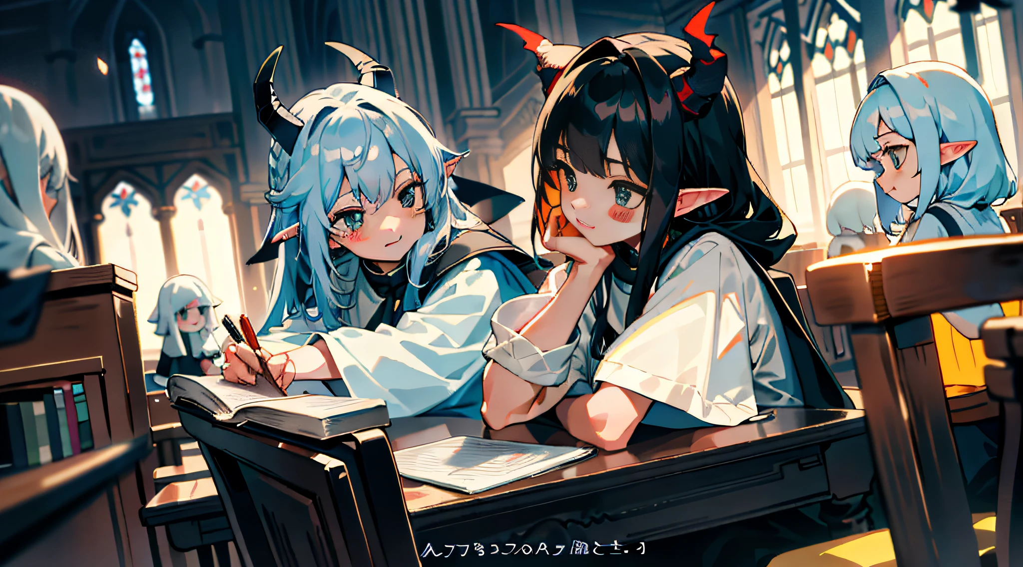 (best quality:1.4),(masterpiece:1.3),solo,(church,night,winter,yellow lights, desk lamps,Place elbows on the table,jasmine,black hair,braids,blue eyes,elf ears,red fur coat,2 demon horns:1.3),solo,(Lovely interior, detailed interior,caffee,books, indoors,Lovely interior:1.3), young girl, wide white T-shirts, black eyes, (jewel-like pupils:1.3), (clear faces, hands supporting faces), gazes, serious gazes, smiles, cute girls, fluffy hair, cute dolls