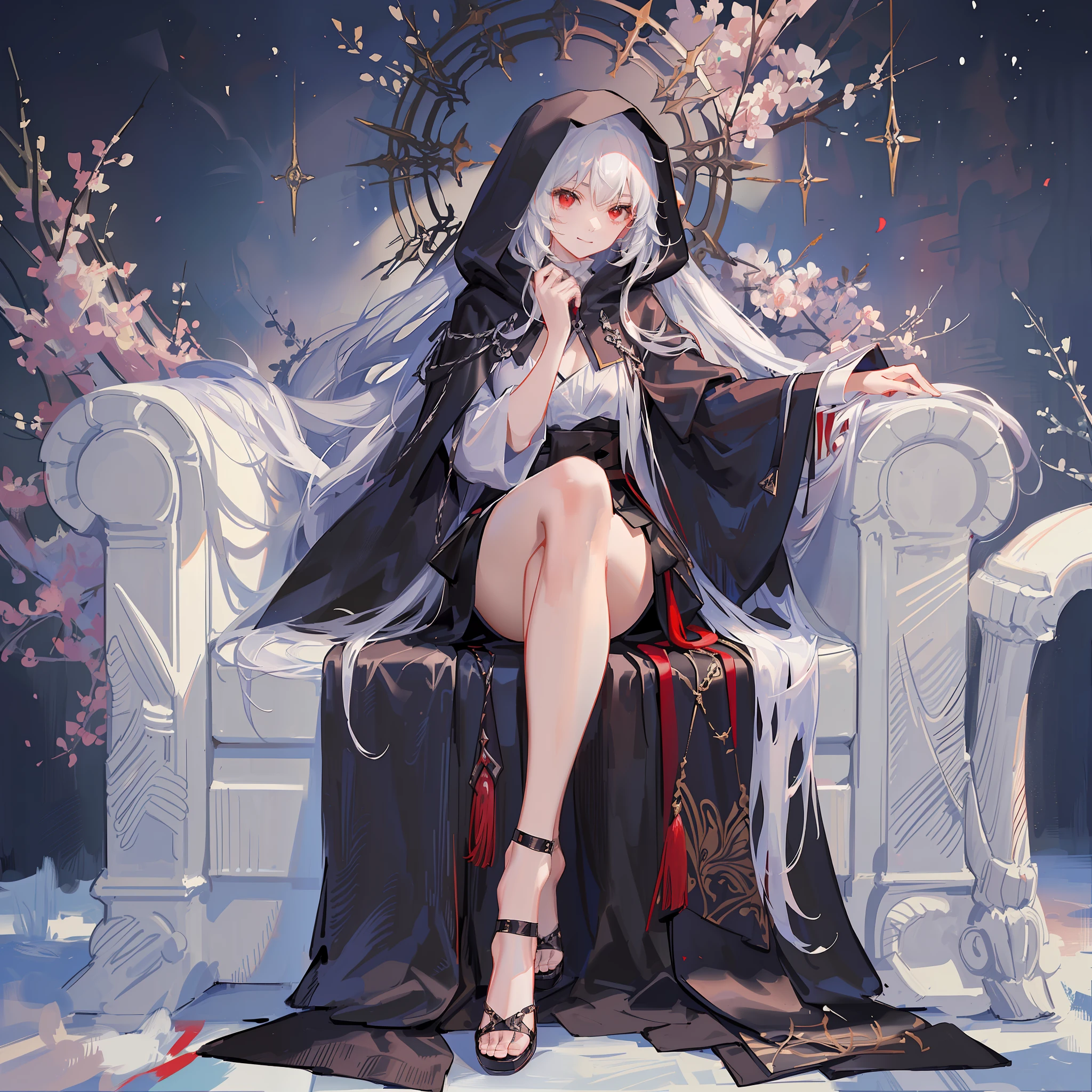 Maiden, black robe, hood, cape, red eyes, long white hair, faint smile, sitting on a black throne, bare legs