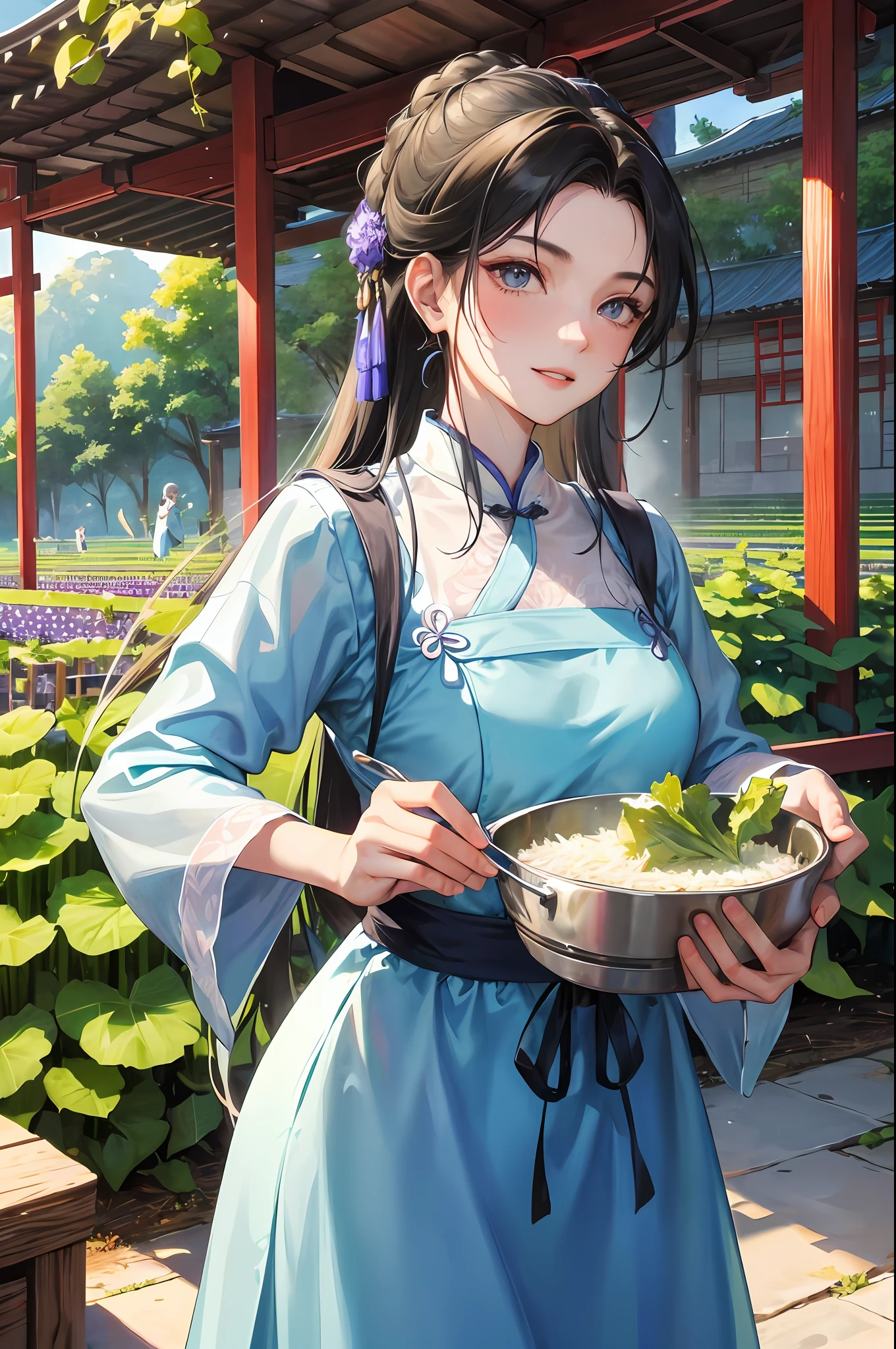 masterpiece, best quality, night, outdoor, bright blue, sunlight, ancient chinese style, 1 woman, young girl, sister, long black haired woman, blue-gray eyes, pale pink lips, cold, serious, weak, smooth, villager, farmer, old clothes, chinese dress clothing pattern, vegetable growing, farming, farming, gardening, delicate face, delicate face, big smile, cooking, lettuce, rice field, cabbage, tomato, morning glory