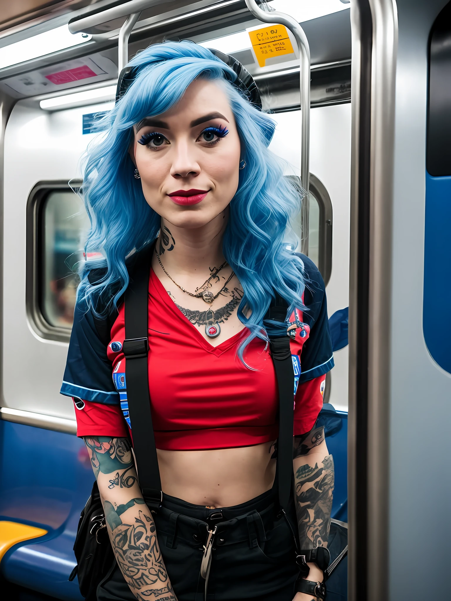 Pokket, filmed on DSLR, 8K, detailed face, blue hair, 25-year-old woman, is on the subway in NYC, rap style clothes, black tattoos,