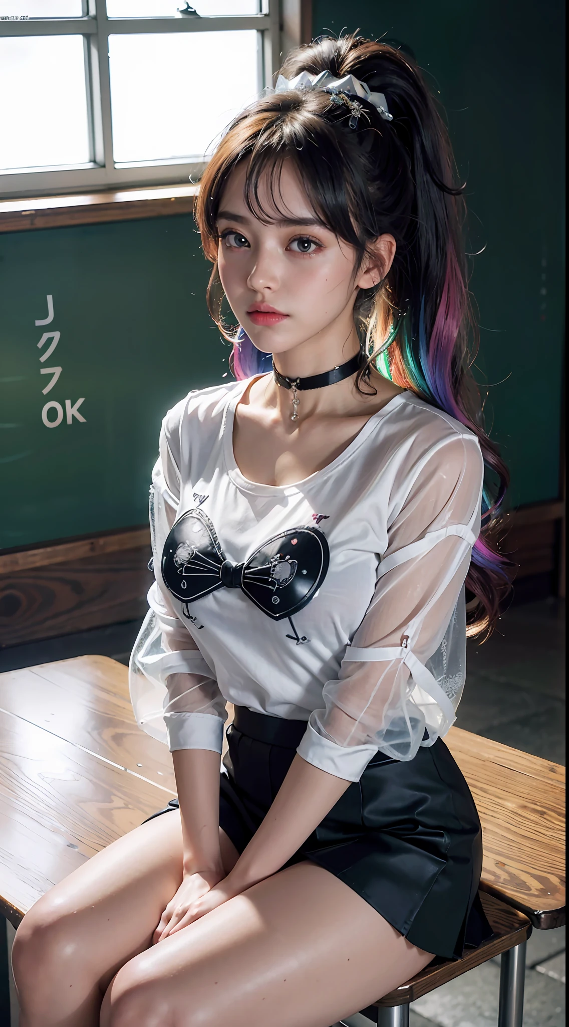masterpiece, best quality, official art, extremely detailed CG unity 8k wallpaper, highly detailed, absurdres, 8k resolution, Panorama, full body, exquisite facial features, prefect face, shiny skin, goddess, solo, ((((teacher)))), (((heart-shaped pupils))), (blush), ((hubrael)), (nervous), ((smug)), ((thinking)), ((raised eyebrow)), (frown), long hair, (((rainbow-like hair))), ((crossed bang)), (((high ponytail))), (single side bun), (((heart hair ornament))), (((choker))), (((bussiness suit))), ((transparent clothes)), ((black leggings)), (((short shorts))), (wet clothes), (((skirt lift))), ((holding book)), ((hugging own legs)), (sitting), (((standing))), ((crucifixion)), (((indoor))), ((((classroom)))), ((magazine scan)), (((album cover))), (((4koma))), ((((art nouveau)))), macro lens, (((gyaru))), (((ojousama))), ((agent)), ((actress)), (((mini crown))), (((see-through jacket))), (((T-shirt))), ((((sailor shirt)))), (((white shirt))), ((((ASCII art)))), (((Tyndall effect)))