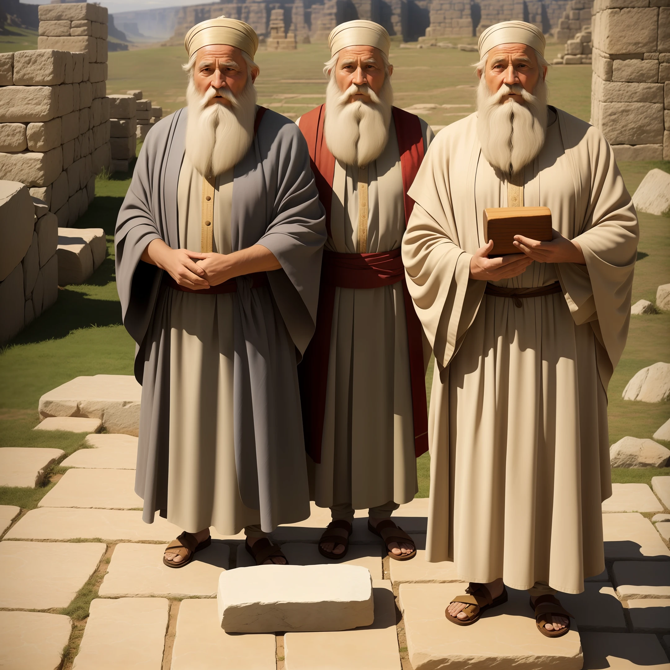 The image shows a representation of Moses, a biblical figure, holding two stone tablets in his hands. Moses is portrayed as an old man with a long white beard and wearing ancient garments. Stone planks are large and have a rough, cracked texture.
super realistic in cinematic 4k