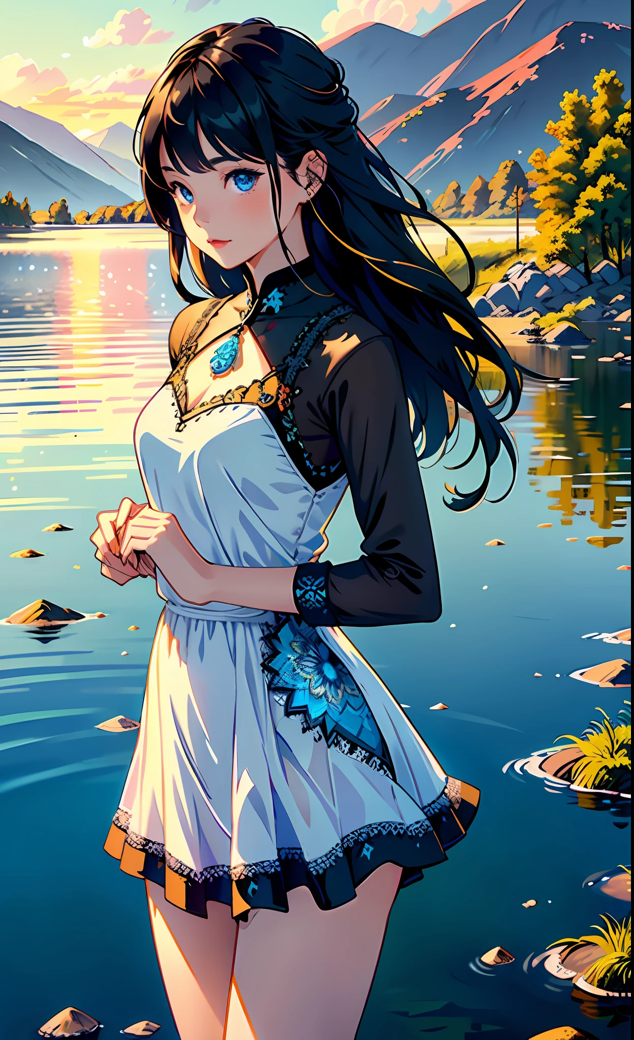1 girl, serene and quiet expression, smile, mesmerizing eyes, long straight hair in black color with bluish glow, flowing short dress with mandala details, lace, balanced posture, porcelain skin, subtle blush, crystal pendant BREAK golden hour, (rim lighting): 1.2, warm tones, reflection of the sun, soft shadows, vibrant colors, pictorial effect, dreamy atmosphere BREAK scenic lake, distant mountains, willow, calm water, reflection, sunlit clouds, tranquil environment, idyllic sunset, ultra detailed, official art, unity 8k wallpaper, zentangle, mandala tattoo