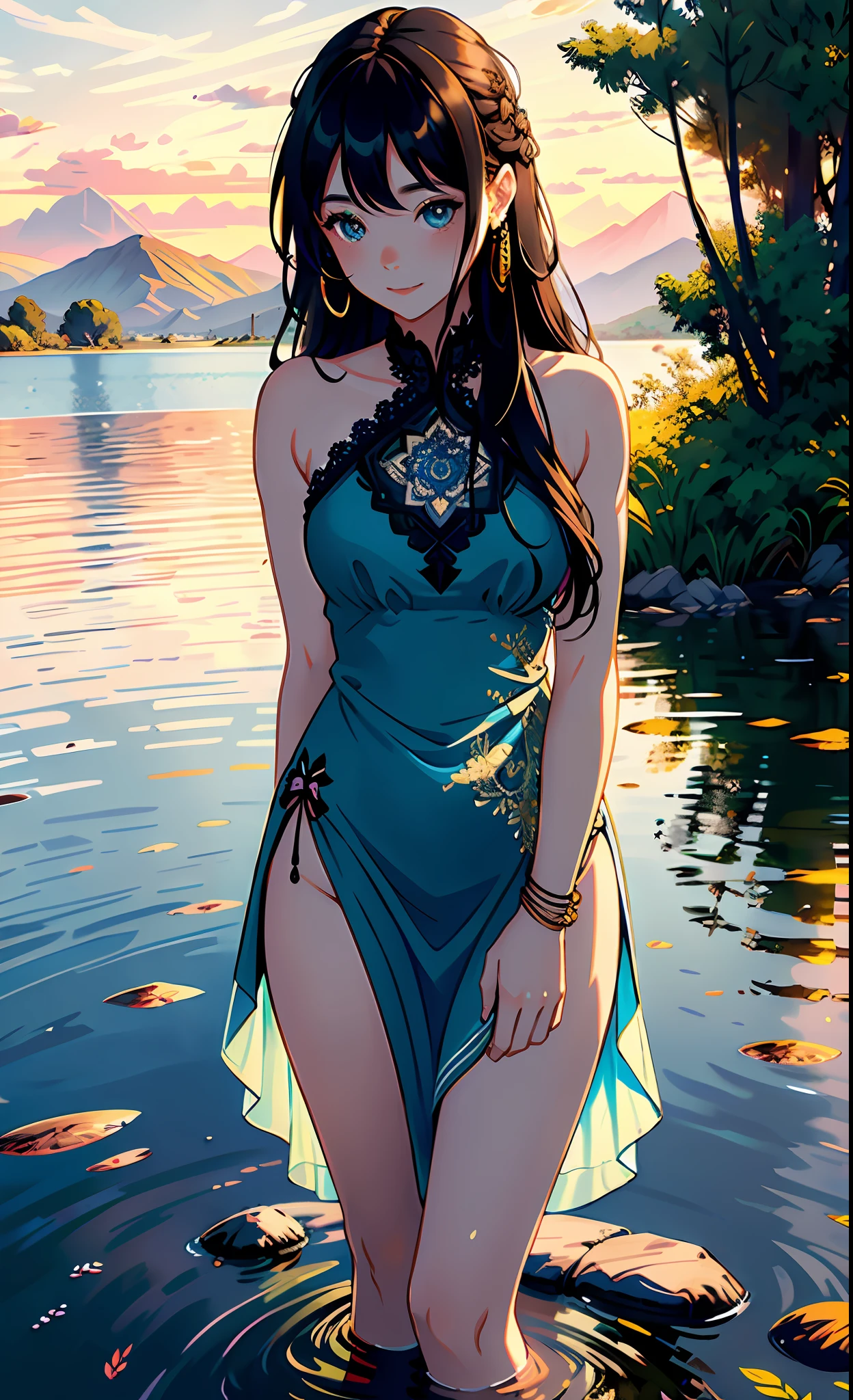 1 girl, serene and quiet expression, smile, mesmerizing eyes, long straight hair in black color with bluish glow, flowing short dress with mandala details, lace, balanced posture, porcelain skin, subtle blush, crystal pendant BREAK golden hour, (rim lighting): 1.2, warm tones, reflection of the sun, soft shadows, vibrant colors, pictorial effect, dreamy atmosphere BREAK scenic lake, distant mountains, willow, calm water, reflection, sunlit clouds, tranquil environment, idyllic sunset, ultra detailed, official art, unity 8k wallpaper, zentangle, mandala tattoo